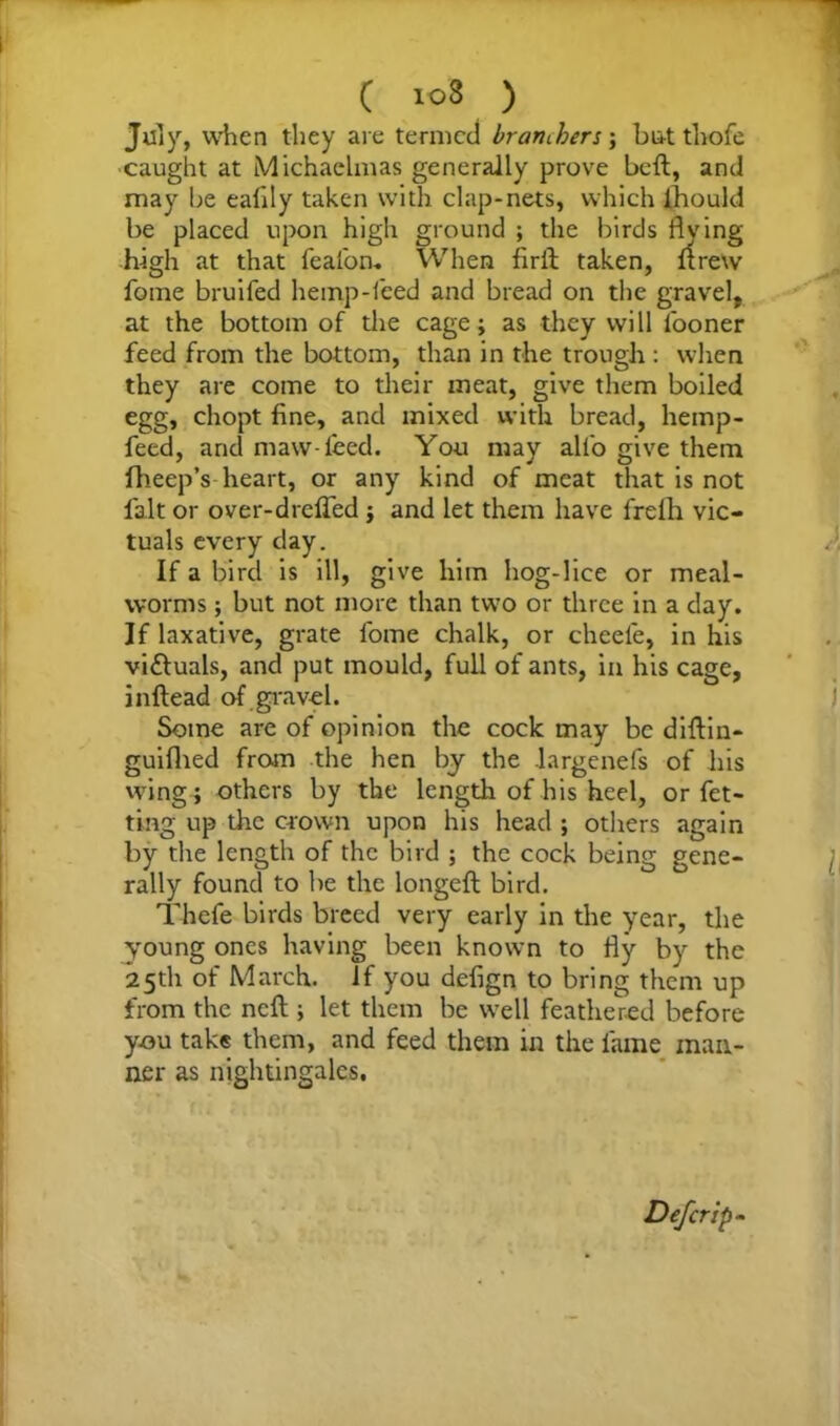C w>8 ) Jrfy, when they are termed bramhers ; but thofe caught at Michaelmas generally prove beft, and may he eafily taken with clap-nets, which ihould be placed upon high ground ; the birds flying high at that feal'on. When firit taken, flrew fome bruifed hemp-iced and bread on the gravel, at the bottom of the cage; as they will l'ooner feed from the bottom, than in the trough : when they are come to their meat, give them boiled egg, chopt fine, and mixed with bread, hemp- feed, and maw-iced. You may alio give them fheep’s heart, or any kind of meat that is not fait or over-drefled; and let them have frelh vic- tuals every day. If a bird is ill, give him hog-lice or meal- worms ; but not more than two or three in a day. If laxative, grate fome chalk, or cheeie, in his victuals, and put mould, full of ants, in his cage, inftead of gravel. Some are of opinion the cock may be diftin- guifhed from the hen by the largenefs of his wing; others by the length of his heel, or fet- ting up the crown upon his head ; others again by the length of the bird ; the cock being gene- rally found to be the longeft bird. Thefe birds breed very early in the year, the young ones having been known to fly by the 25th of March, if you defign to bring them up from the neft ; let them be well feathered before you take them, and feed them in the fame man- ner as nightingales. Defer ip-