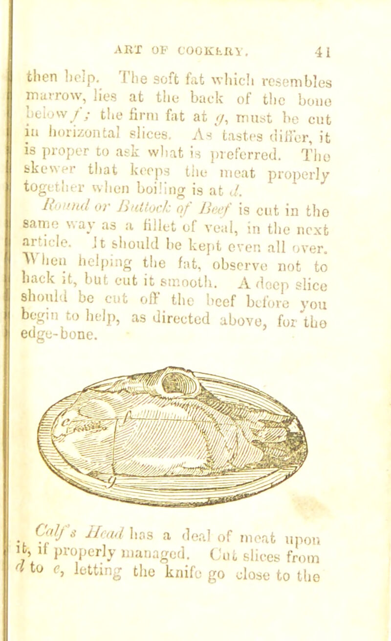 then help. The soft fat which resembles marrow, lies at the back of the boue below// the firm fat at </, must he cut iu horizontal slices. As tastes differ, it is proper to ask what is preferred. The skewer that keeps the meat properly together when boiling is at </. liumul or Bulloch of Beef is cut in the same way as a fillet of veal, in the next article. Jt should lie kept even all over. When helping the fat, observe not to hack it, but cut it smooth. A deep slice should be cut off the beef before you begin to help, as directed above, for tbe edge-bone. . Calf* Head has a deal of meat upon it, if properly managed. Cut slices from d to <?, letting the knife go close to the