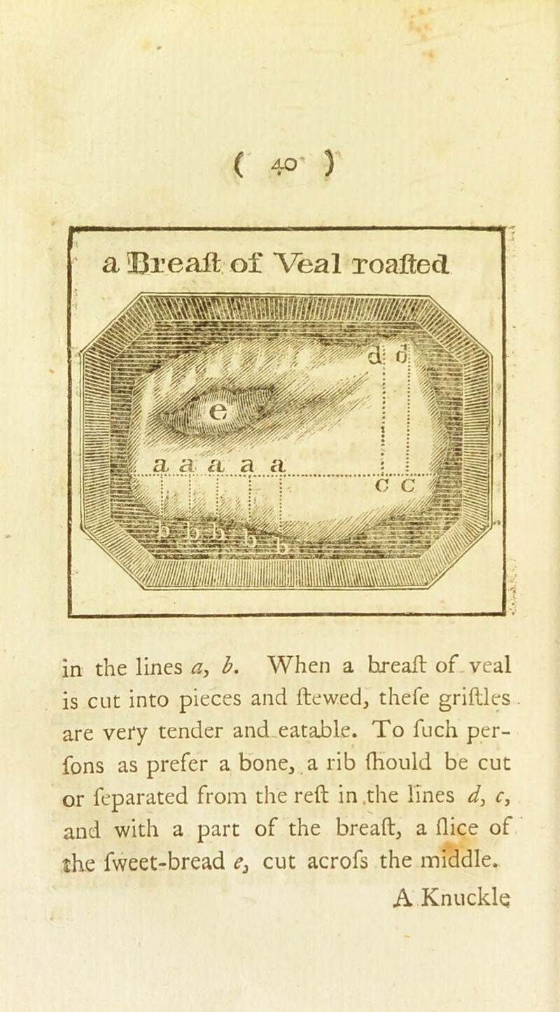 a Breaft of Veal roaHed in the lines a, b. When a hreaft of veal is cut into pieces and ftewed, thefe grillles are very tender and eatable. To fuch per- fons as prefer a bone, a rib fliould be cut or feparated from the reft in the lines d, c, and with a part of the bread, a flice of the fweet-bread e} cut acrofs the middle. A Knuckle