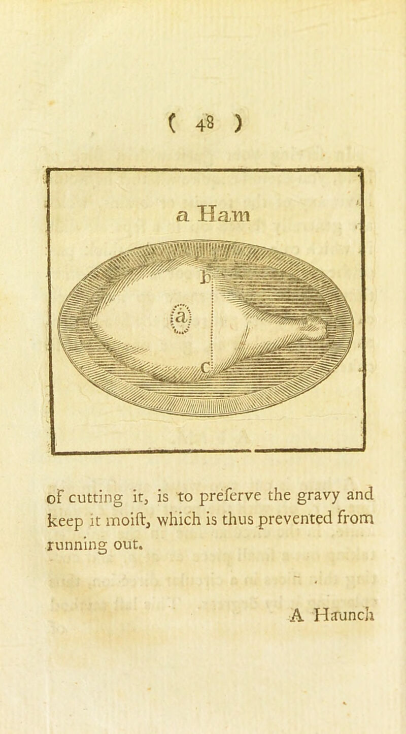 a Ham oF cutting it, is to preferve the gravy and keep it moift, which is thus prevented from running out. A Haunch