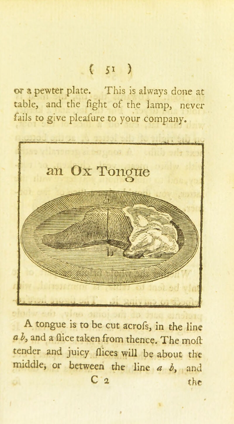 or a pewter plate. This is always done at table, and the fight of the lamp, never fails to give pleafure to your company. r~— . ■ ■ an Ox Toneme ■ — .... A tongue is to be cut acrofs, in the line a b, and a (lice taken from thence. The moll tender and juicy fiices will be about the middle, or between the line a b, and C a the