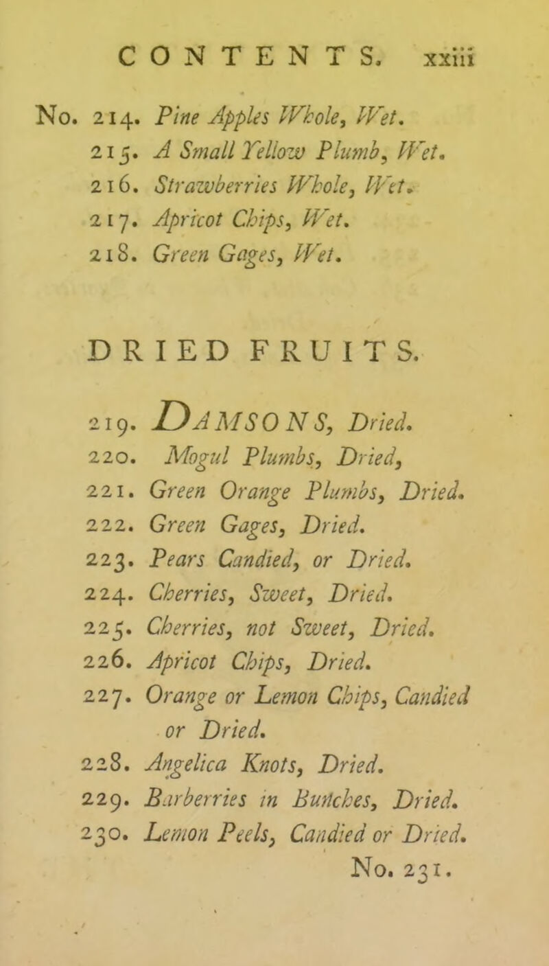 . 214. Pine Apples Whole, Wet. 215. A Small Yellow Plumb, Wet. 216. Strawberries Whole, Wet. 217. Apricot Chips, /TcY. 218. Gw« Gages, Wet. DRIED FRUITS. 219. Damsons, Dried. 220. Mogul Plumbs, Dried, 221. Gmvz Orange Plumbs, Dried. 222. Green Gages, Dried. 223. P*wj Candied, or Dried. 224. Cherries, Sweet, Dried. 225. Cherries, not Sweet, Dried. 226. Apricot Chips, Dried. 227. Orange or Lemon Chips, Candied or Dried. 228. Angelica Knots, Dried. 229. Barberries tn Bunches, Dried. 230. Lemon Peels, Candied or Dried. No. 231.