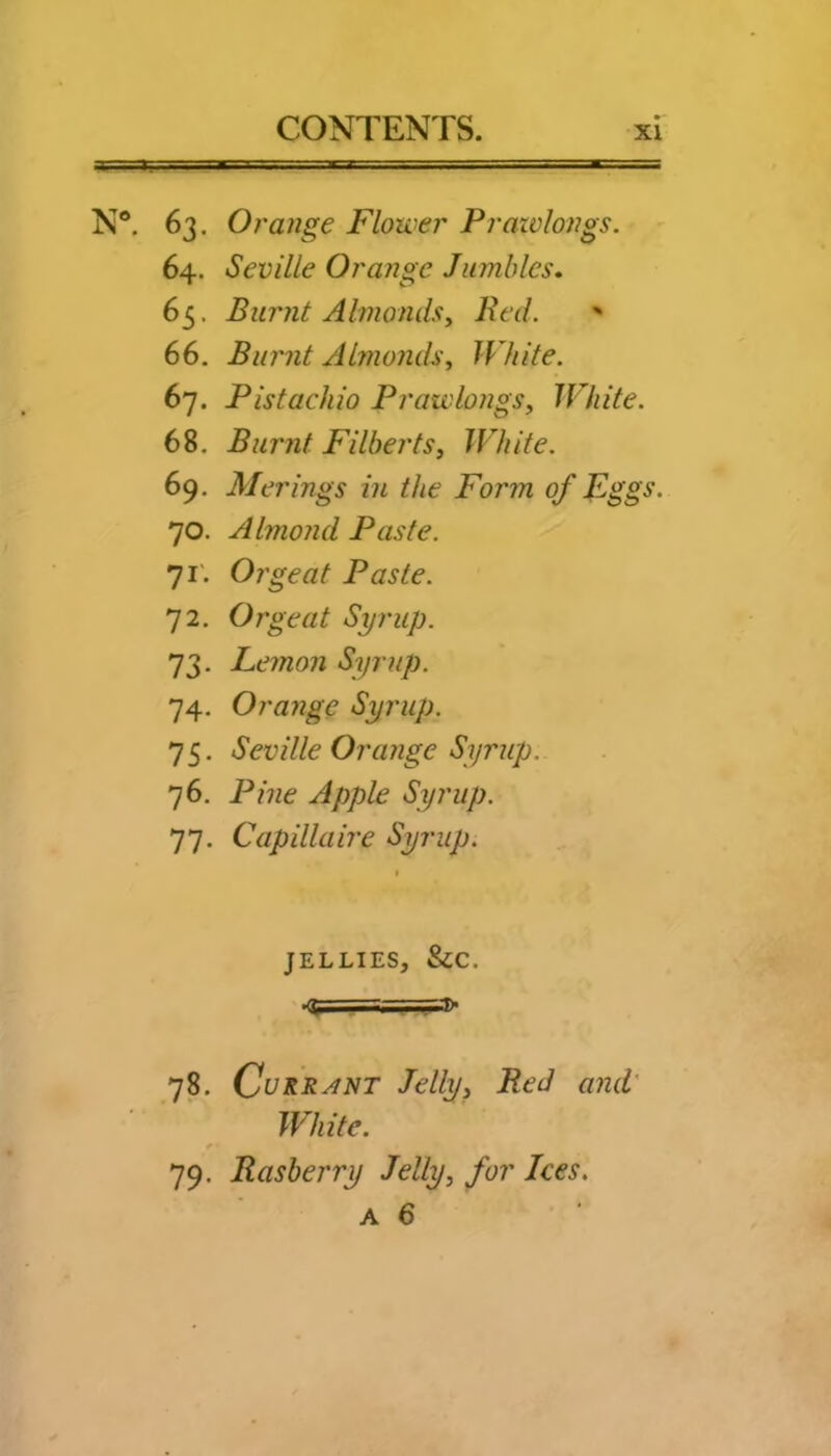 N®. 63. Orange Flower Praivlongs. - 64. Seville Orange Jumbles. 65. Burnt Almonds^ Red. ' 66. Burnt Almonds, White. 67. Pistachio Prawlongs, White. 68. Burnt Filberts, White. 69. Merings in the Form of Fggs. 70. Almond Paste. 71'. Orgeat Paste. 72. Orgeat Syrup. 73. Lemon Syrup. 74. Orange Syrup. 75. Seville Orange Syrup. 76. Apple Syrup. 77. Capillaire Syrup. JELLIES, &c. ■/^i' ■=;-r~rr-> 78. Current Jelly, Red and' White. 79. Rasberry Jelly, for Ices.