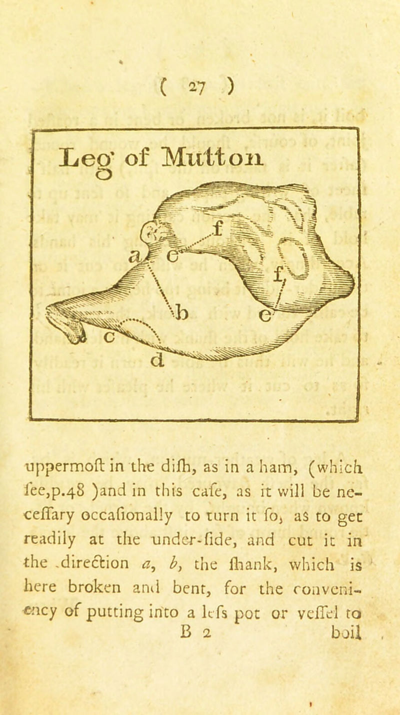 Leo' of Mutton o uppermoft in the difh, as in a ham, (which l'ee,p.48 )and in this cafe, as it will be ne- ceflary occafionally to turn it foj as to get readily at the under-fide, and cut it in the .direction a, b, the fliank, which is here broken ami bent, for the ronveni- «ncy of putting into a Icfs pot or vdfel to B 2 boil