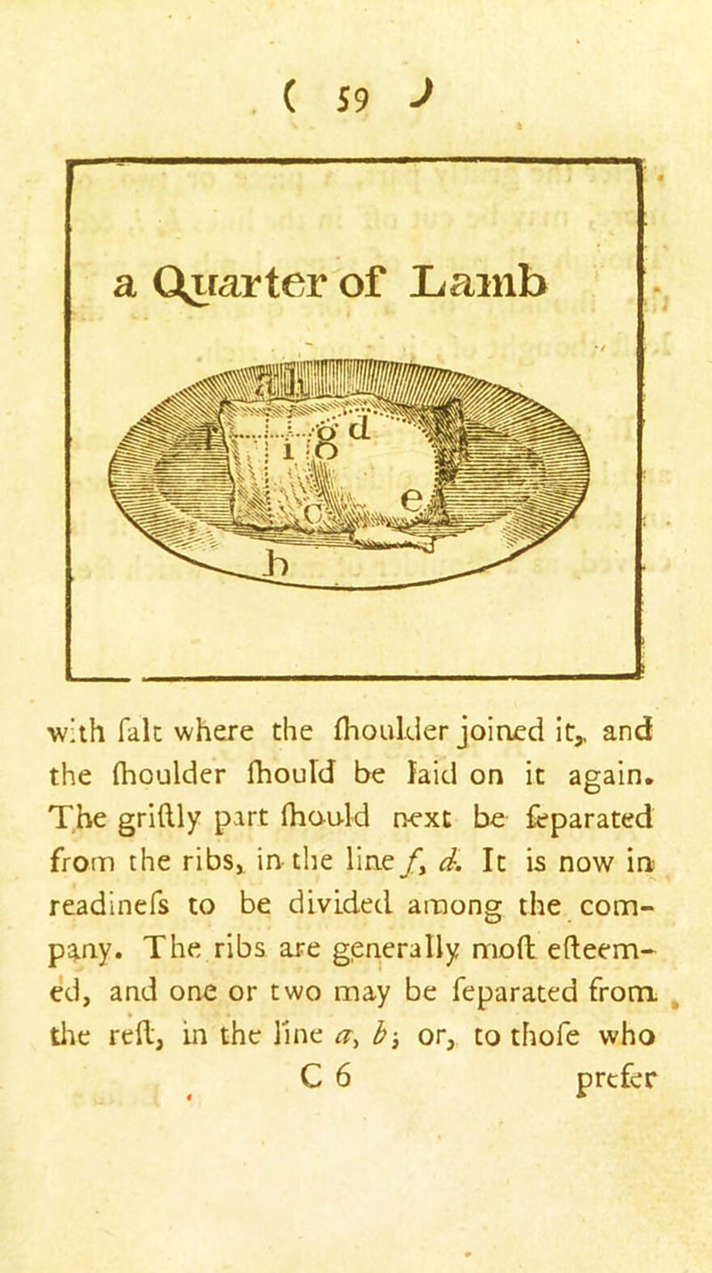 a Qirarter of liainb with fak where the fhoukier joined it,, and the (houlder fliould be laid on it again. The griftly part fhou-ld next be feparated from the ribs, in-the line/, It is now in readinefs to be divided among the com- pany. The ribs are generally mod efteem- ed, and one or two may be feparated from. , tlie reft, in the line b-, or, to thofe who C 6 prefer