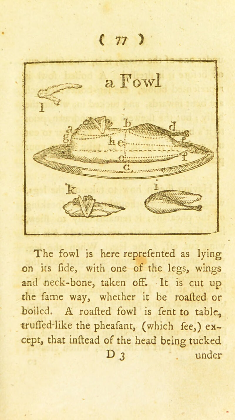 The fowl is here reprefented as lying on its fide, with one of the legs, wings and neck-bone, taken off. It is cut up the fame way, whether it be roafted or boiled. A roafted fowl is fent to tabic, trulfed-like the pheafant, (which fee,) ex- cept, that inftead of the head being tucked D 3 . under