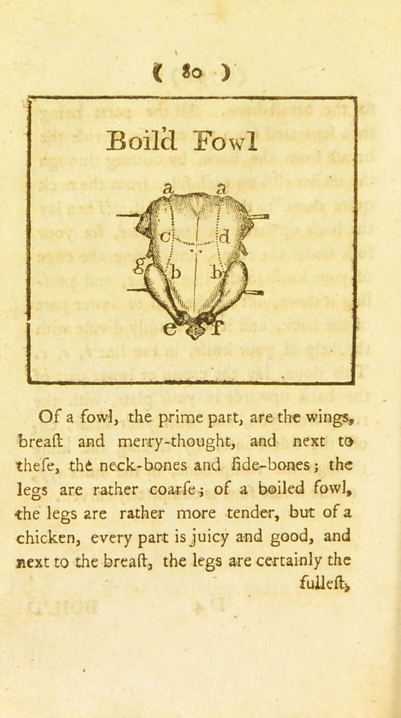 t So ) Of a fowl, the prime part, are the wings, bread and merry-thought, and next to thefe, thd neck-bones and fide-bones; the legs are rather coarfe^ of a boiled fowl, the legs are rather more tender, but of a chicken, every part is juicy and good, and next to the bread, the legs are certainly the fulled>