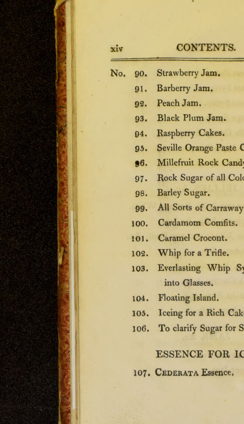 No. 90. Strawberry Jam. 91. Barberry Jam. 92. Peach Jam. 93. Black Plum Jam. 94. Raspberry Cakes. 95. Seville Orange Paste C §6. Millefruit Rock Cand] 97. Rock Sugar of all Col( 98. Barley Sugar. 99. All Sorts of Carraway 100. Cardamom Comfits. 101. Caramel Crocont. 102. Whip for a Trifle. 103. Everlasting Whip S3 into Glasses. 104. Floating Island. 105. Iceing for a Rich Cak 106. To clarify Sugar for S ESSENCE FOR IC 107. Ceder AT A Essence,