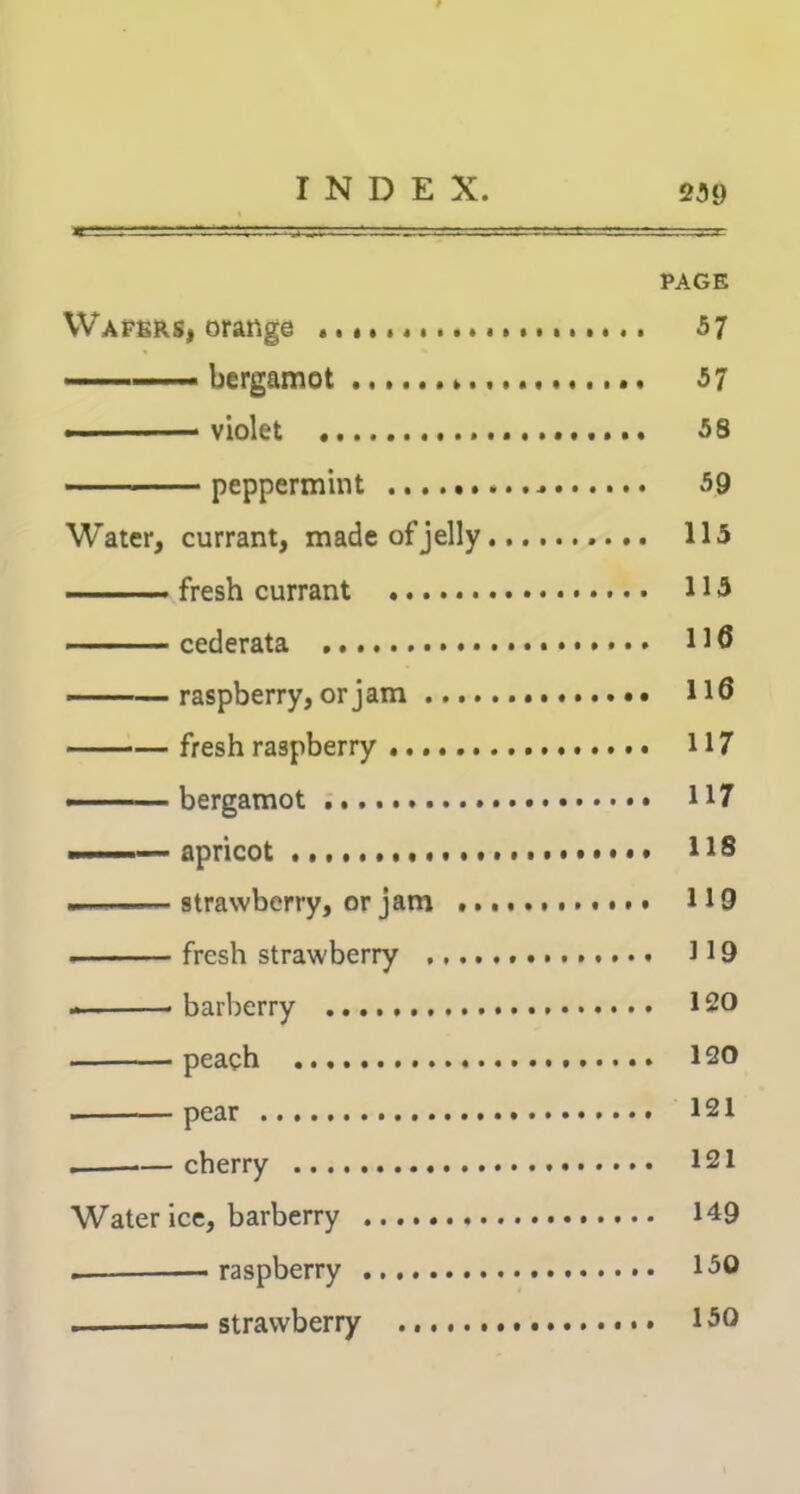 PAGE WaperS) orange 57 ■ bergamot 57 • violet 58 peppermint 59 Water, currant, made of jelly 115 — fresh currant D 5 ■ ■■ cederata 116 -——raspberry, or jam 116 fresh raspberry 117 — bergamot 117 — apricot • • • 116 i..-.'-. — ■ ■ strawberry, or jam 119 fresh strawberry 119 . barberry 120 peach 120 pear 121 — cherry 121 Water ice, barberry 149 — raspberry 150 .... ~ strawberry 150