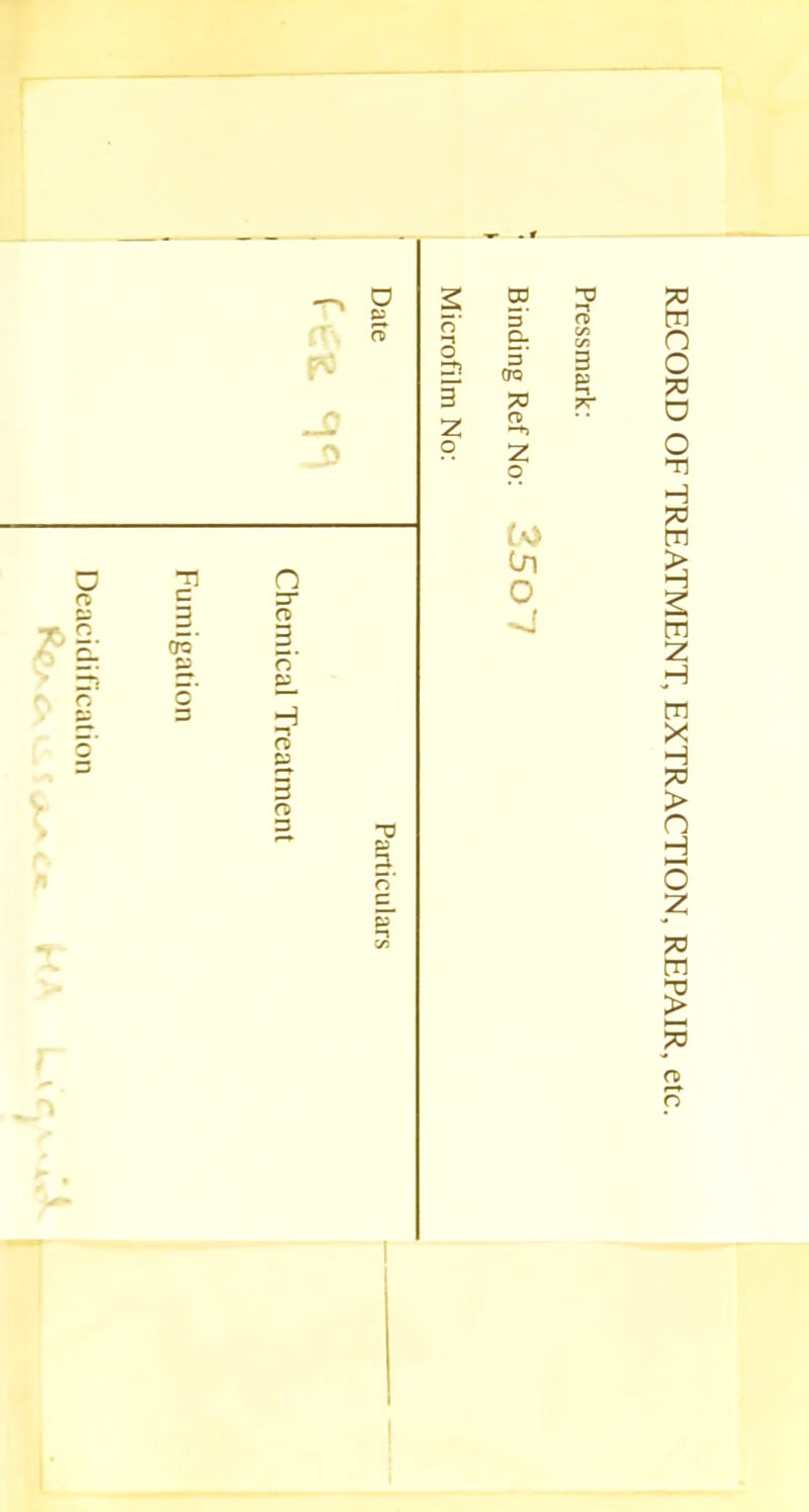 Deacidification F3 o o n O 3} 3 Z o 3’ Q. 3 OQ 6 n> Z o tt> C/5 C/5 3 g —i 7T T! C 3 cfc’ B. 5* 3 n 3* O 3 o' ft5 H -n O C3 Co in o RECORD OF TREATMENT, EXTRACTION, REPAIR, etc.