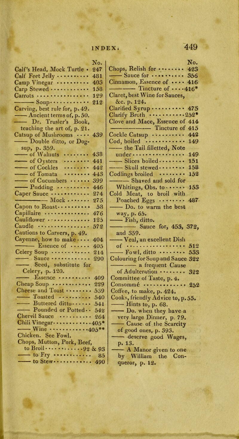 No. Calf’s Head, Mock Turtle • 247 Calf Feet Jelly 481 Camp Vinegar 403 Carp Stewed 158 Carrots 129 Soup 212 Carving, best rule for, p. 49. Ancient terms of, p. 50. Dr. Trusler’s Book, teaching the art of, p. 21. Catsup of Mushrooms • • • • 439 Double ditto, or Dog- sup, p. 359. of Walnuts 438 of Oysters 441 of Cockles 442 of Tomata 443 of Cucumbers 399 Pudding 446 Caper Sauce • • • 274 — Mock 275 Capon to Roast 58 Capillaire 476 Cauliflower • - 125 Caudle 572 Cautions to Carvers, p. 49. Cayenne, how to make • • • • 404 Essence of 405 Celery Soup 214 Sauce 290 Seed, substitute for Celery, p. 120. Essence 409 Cheap Soup 229 Cheese and Toast 539 * Toasted 540 Buttered ditto 541 Pounded or Potted • • 542 Chervil Sauce 264 Chili Vinegar 405* Wine 405** Chicken. See Fowl. Chops, Mutton, Pork, Beef, to Broil 92 & 93 to Fry 85 to Stew •.. 490 No. Chops, Relish for 423 Sauce for 356 Cinnamon, Essence of • • • • 416 Tincture of • •«*416* Claret, best Wine for Sauces, &c. p. 124. Clarified Syrup 475 Clarify Broth 252* Clove and Mace, Essence of 414 Tincture of 415 Cockle Catsup 442 Cod, boiled 149 the Tail filletted, Note under 149 Slices boiled 151 Skull stewed 158 Codlings broiled 152 Shaved and sold for Whitings, Obs. to 153 Cold Meat, to broil with Poached Eggs 487 Do. to warm the best way, p. 65. Fish, ditto. Sauce for, 453, 372, and 359. Veal, an excellent Dish of 512 Fow'l, ditto 533 Colouring for Soup and Sauce 322 a frequent Cause of Adulteration 322 Committee of Taste, p. 4. Consoram6 252 Coffee, to make, p. 424. Cooks, friendly Advice to, p. 55. Hints to, p. 68. Do. when they have a very large Dinner, p. 79. Cause of the Scarcity of good ones, p. 393. * deserve good Wages, p. 13. A Manor given to one by William the Con- queror, p. 12.