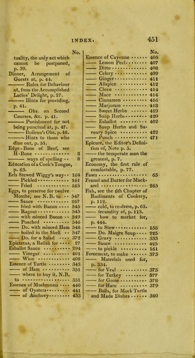 No. tuality, the only act which cannot be postponed, p. 39. Dinner, Arrangement of Guests at, p. 44. Rules for Behaviour at, from the Accomplished Ladies’ Delight, p. 27. Hints for providing, p. 41. Obs. on Second Courses, &c. p. 41. —■ Punishment for not being punctual at, p. 47. Boileau’s Obs. p. 48. -Hints to those who dine out, p. 51. Edge-Bone of Beef, see H-Bone 8 ways of spelling • • 8 Education of a Cook’s Tongue, p. 63. Eels Stewed Wiggy’s way • 164 Pickled 161 Fried 165 Eggs, to preserve for twelve Months, seeN.B. to •• 547 Sauce 267 fried with Bacon ...» 545 Ragout 545 with minced Bacon • • 549 Poached 546 Do. with minced Ham 548 boiled in the Shell • • 547 Do. for a Salad • • • • 372 Epictetus, a Relish for • • • • 27 Eshallot Sauce 294 Vinegar 401 Wine 402 Essence of Turtle 343 of Ham 351 where to buy it, N.B. to 351 Essence of Mushrooms • • • • 440 of Oysters 441 of Anchovy 433 No. Essence of Cayenne 405 Lemon Peel 407 Ditto 408 Celery 409 Ginger 411 Allspice 412 Clove 414 Mace 414 Cinnamon 416 Marjoram 418 Sweet Herbs 419 Soap Herbs 420 Eshallot 402 Soup Herbs and Sa- voury Spice 422 Punch 471 Epicure, the Editor’s Defini- tion of, Note p. 5. the temperate man the greatest, p. 7. Economy, the first rule of comfortable, p. 77. Fawn 65 Fennel and Butter for Mack- arel 265 Fish, see the 6th Chapter of Rudiments of Cookery. p. 112. cold, to re-dress, p. 65. fecundity of, p. 113. how to market for, p. 444. to Stew 158 Do. Maigre Soup - • • • 225 Gravy 333 Sauce 425 to pickle 161 Forcemeat, to make 373 Materials used for, p. 334. for Veal 375 for Turkey S77 for Goose 378 for Hare 379 Balls, for Mock Turtle and Made Dishes 380