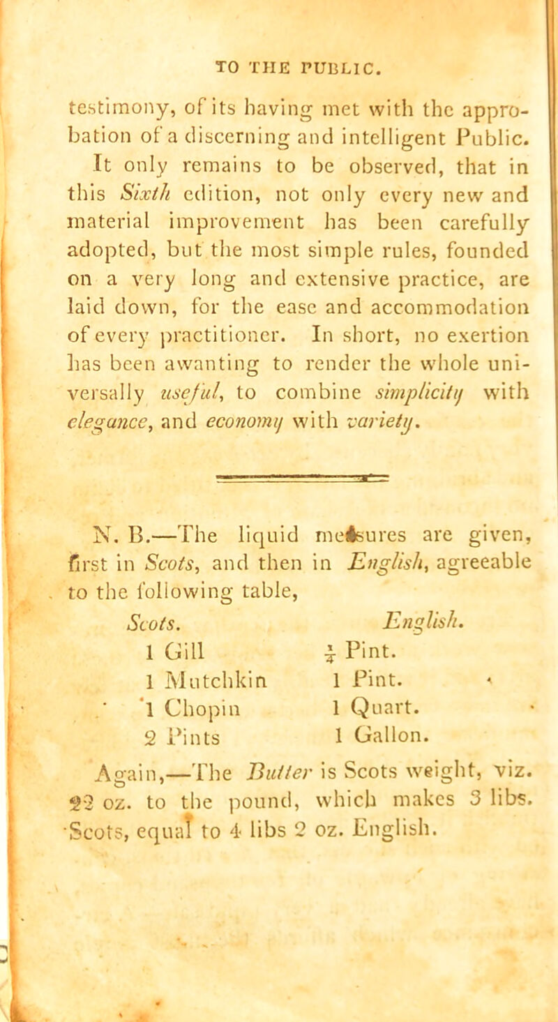 testimony, of its having met with the appro- bation of a discerning and intelligent Public. It only remains to be observed, that in this Sixth edition, not only every new and material improvement has been carefully adopted, but the most simple rules, founded on a very long and extensive practice, are laid down, for the ease and accommodation of every practitioner. In short, no exertion lias been awanting to render the whole uni- versally useful, to combine simplicitj with elegance, and economij with variety. N. B.—The liquid first in Scots, and then to the following table, Scots. 1 Gill 1 Mutchkin 1 Chopin 2 Pints measures are given, in English, agreeable English. £ Pint. 1 Pint. * 1 Quart. 1 Gallon. Again,—The Butter is Scots weight, viz. 22 oz. to the pound, which makes 3 libs.