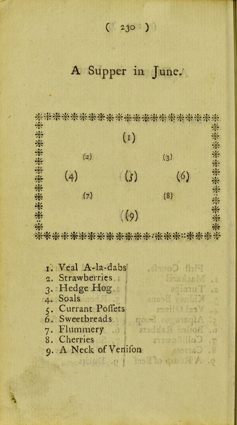 A Supper in June. (2) (4) (7) (3) /*N * * * (0 (j) (9) (<*) (8) 1. Veal A-la-dabs а. Strawberries 3. Hedge Hog 4. Soals 5. Currant Poffets б. Sweetbreads 7. Flummery 8. Cherries 9. A Neck ofVenifon