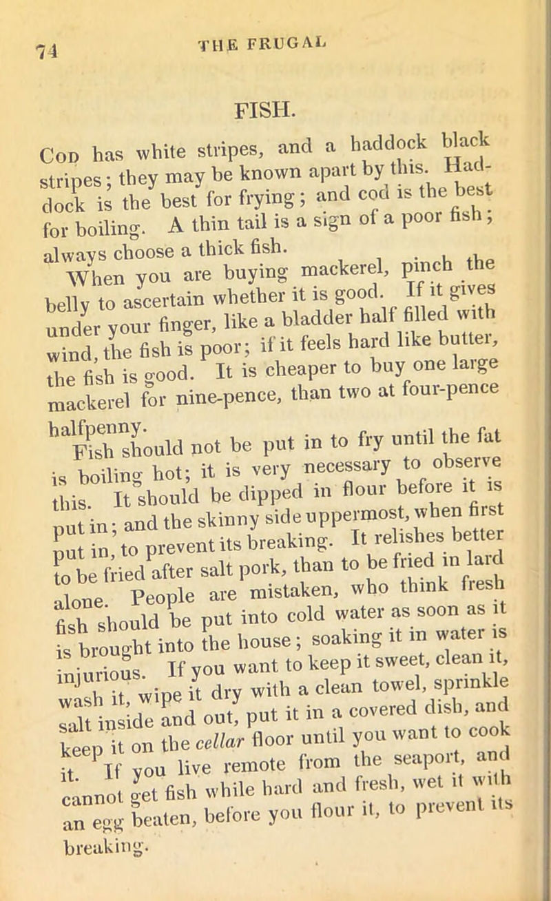 FISH. Cod has white stripes, and a haddock black stripes; they may be known apart by this. Had- S is th/bes, for frying; and cod is the best for boiling. A thin tail is a s.gn of a poor fish, always choose a thick fish. , , When you are buying mackerel, pm belly to ascertain whether it is good If * gives under your finger, like a bladder half filled with ind, the fish is poor; if it feels hard like butter, toe fish is good. It is cheaper to buy one large mackerel for nine-pence, than two at four-penc hdFIish should not be put in to fry until the fat is boiling hot; it is very necessary to observe this It should be dipped m flour before it i put in; and the skinny side uppermost, when fir nu in to prevent its breaking. It relishes better to L fried after salt pork, than to be fried in lard alone. People are mistaken, who think flesh fish should be put into cold water as soon as it t brought into the house; soaking it m water is - iurious If you want to keep it sweet, clean it, wish it Wipe ft dry with a clean towel, sprinkle Slilt inside Lid out, put ft in a covered dish, and tee, it on the cellar lloor until you want to cook u If you live remote from the seaport and cinnot get fish while hard and fresh, wet ,1 with “egg beaten, before you flour it, to prevent Us breaking.
