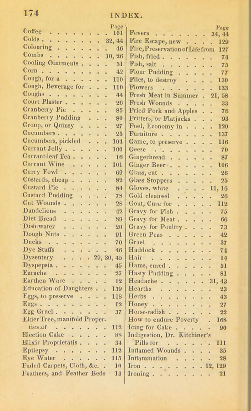 Coffee 101 Colds 32, 44 Colouring .... . 46 Combs 10, 26 Cooling Ointments . . . . 31 Corn Cough, for a Cough, Beverage for . . . 110 Coughs Court Plaster Cranberry Pie .... Cranberry Pudding . . . 80 Croup, or Quinsy . . . . 27 Cucumbers Cucumbers, pickled . . . 104 Currant Jelly Currant-leaf Tea .... Currant Wine .... Curry Fowl Custards, cheap .... Custard Pie Custard Pudding . . . . 78 Cut Wounds Dandelions 42 Diet Bread S9 Dish-water 20 Dough Nuts 01 Ducks 70 Dye Stuffs 46 Dysentery .... 29, 30, 45 Dyspepsia 45 Earache 27 Earthen Ware 12 Education of Daughters . . 139 Eggs, to preserve .... 118 Eggs 12 Egg Gruel 37 Elder Tree, manifold Proper. ties .of 112 Election Cake 88 Elixir Proprietatis .... 34 Epilepsy 112 Eye Water 115 Faded Carpets, Cloth, &c. . 10 Feathers, and Feather Beds 13 _ Page Fevers 34,44 Fire Escape, new .... 129 Fire, Preservation of Life from 127 Fish, fried 74 Fish, salt 75 Flour Pudding 77 Flies, to destroy .... 130 Flowers 133 Fresh Meat in Summer . 21, 58 Fresh Wounds 33 Fried Pork and Apples . . 76 Fritters, or Flatjacks ... 93 Fuel, Economy in ... . 120 Furniture 137 Game, to preserve . . . . 116 Geese 70 Gingerbread 87 Ginger Beer 100 Glass, cut 26 Glass Stoppers 25 Gloves, white .... 11, 16 Gold cleansed 26 Gout, Cure for 112 Gravy for Fish 75 Gravy for Meat 66 Gravy for Poultry .... 73 Green Peas 42 Gruel 37 Haddock 7.4 Hair 14 Hams, cured 51 Hasty Pudding 81 Headache 31, 43 Hearths 23 Herbs 43 Honey 27 Horse-radish 22 How to endure Poverty . 168 Icing for Cake 90 Indigestion, Dr. Kitchiner’s Pills for Ill Inflamed Wounds .... 35 Inflammation 28 Iron 12, 129 Ironing 21