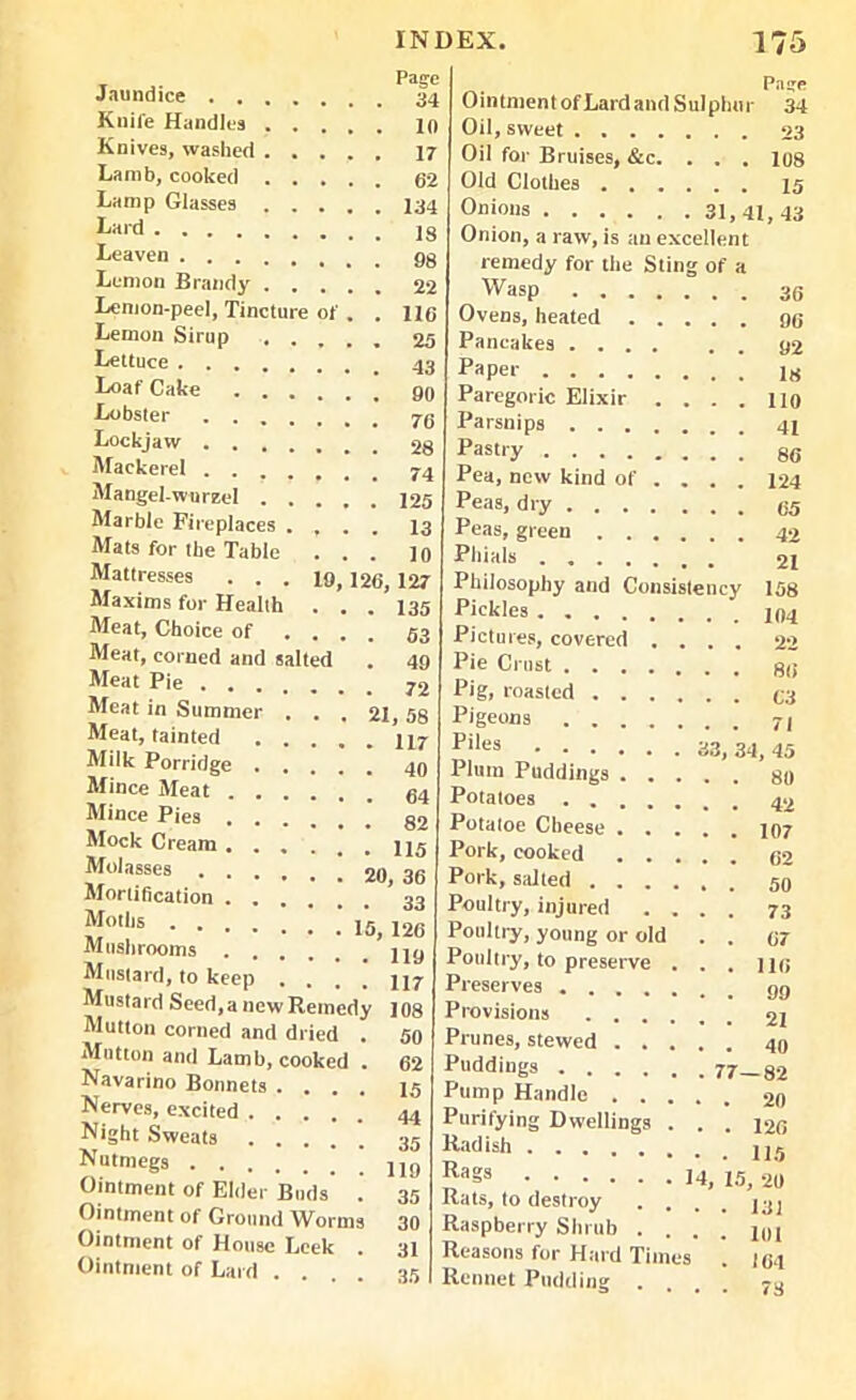 i Pa£e Jaundice 34 Knife Handles 10 Knives, washed 17 Lamb, cooked 62 Lamp Glasses 134 Lard , , jg Leaven gg Lemon Brandy 22 Lemon-peel, Tincture of . . 116 Lemon Sirup ..... 25 Lettuce Loaf Cake ...... 90 Lobster Lockjaw 28 Mackerel Mangel-wurzel 125 Marble Fireplaces .... 13 Mats for the Table ... 10 Mattresses ... 19,126, 127 Maxims for Health . . . 135 Meat, Choice of .... 53 Meat, corned and salted . 49 Meat Pie 72 Meat in Summer . . . 21,58 Meat, tainted 117 Milk Porridge Mince Meat 64 Mince Pies g2 Mock Cream Molasses ! 20, 36 Mortification ?J0,,1S 15, 126 Mushrooms ug Mustard, to keep , . . . U7 Mustard Seed,anew Remedy 108 Mutton corned and dried . 50 Mutton and Lamb, cooked . 62 Navarino Bonnets .... 15 Nerves, excited 44 Night Sweats 35 N“tmegs Ointment of Elder Buds . 35 Ointment of Ground Worms 30 Ointment of House Leek . 31 Ointment of Lard .... 35 Pace Ointment ofLardand Sulphur 34 Oil, sweet 23 Oil for Bruises, &c. . . . 108 Old Clothes 15 Onmus 31,41,43 Onion, a raw, is an excellent remedy for the Sting of a Wasp Ovens, heated ... Pancakes Paper Paregoric Elixir . . Parsnips Pi>s“'y 86 Pea, new kind of ... . 124 Peas, dry 65 Peas, green 42 Phials ....... 21 Philosophy and Consistency 158 Pickles 36 96 92 18 110 33 Pictures, covered Pie Crust .... Pig, roasted . . . Pigeons .... Piles Plum Puddings . . Potatoes .... Potatoe Cheese . . Pork, cooked . . Pork, salted . . . Poultry, injured Poultry, young or old Poultry, to preserve Preserves .... Provisions . . . Prunes, stewed . . Puddings Pump Handle .... Purifying Dwellings . . Radish Rags i4j Rats, to destroy . . Raspberry Shrub . . . Reasons for Hard Times Rennet Pudding . 22 86 C3 71 34, 45 80 42 107 62 50 73 67 116 99 21 40 — 82 20 126 115 5, 20 131 101 164 78