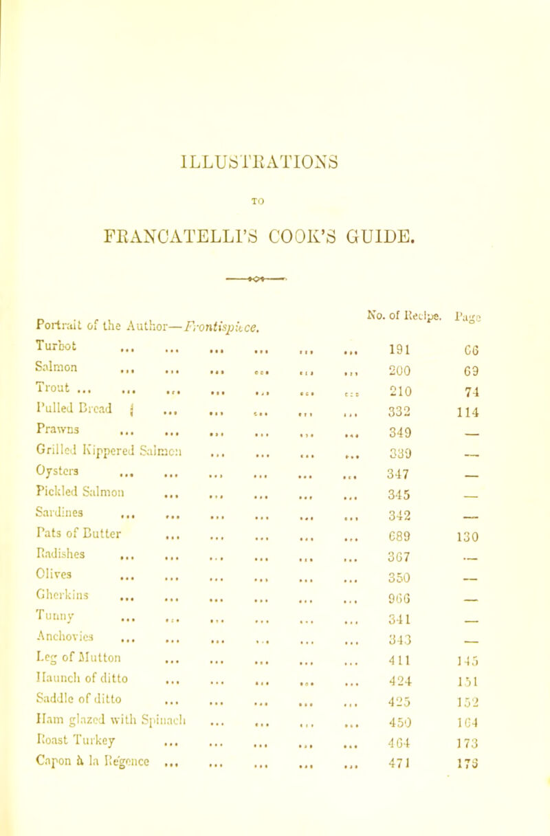 ILLUSlTvATIONS TO FEANOATELLl’S COOK’S GUIDE. Portrait of the Author—Frontispiece. No. of Kecipe. I’ago Turbot ... ... ... 191 66 Salmon ... ,,, oet ... 200 69 Trout ... ... ... ,,, c:= 210 74 Pulled Bread j ... ... 332 114 Prawns ... ... ,., 349 Grilled Kippered Salmon ... 339 Oysters ... ... ... ... 347 Pickled Salmon ... ... 345 Sardines ... ,,, ... ... 342 — Pats of Butter C89 130 B.adishes ... ... 3G7 Olives 350 Gherkins ... 906 Tunny ... ... 341 Anchovies ... ... ... 343 Leg of ilutton 411 115 Haunch of ditto 424 151 Saddle of ditto 425 152 Ham glazed with Si)inach ... 450 164 Boast Turkey 464 173 Capon A la Ilegonce ... ... 471 176