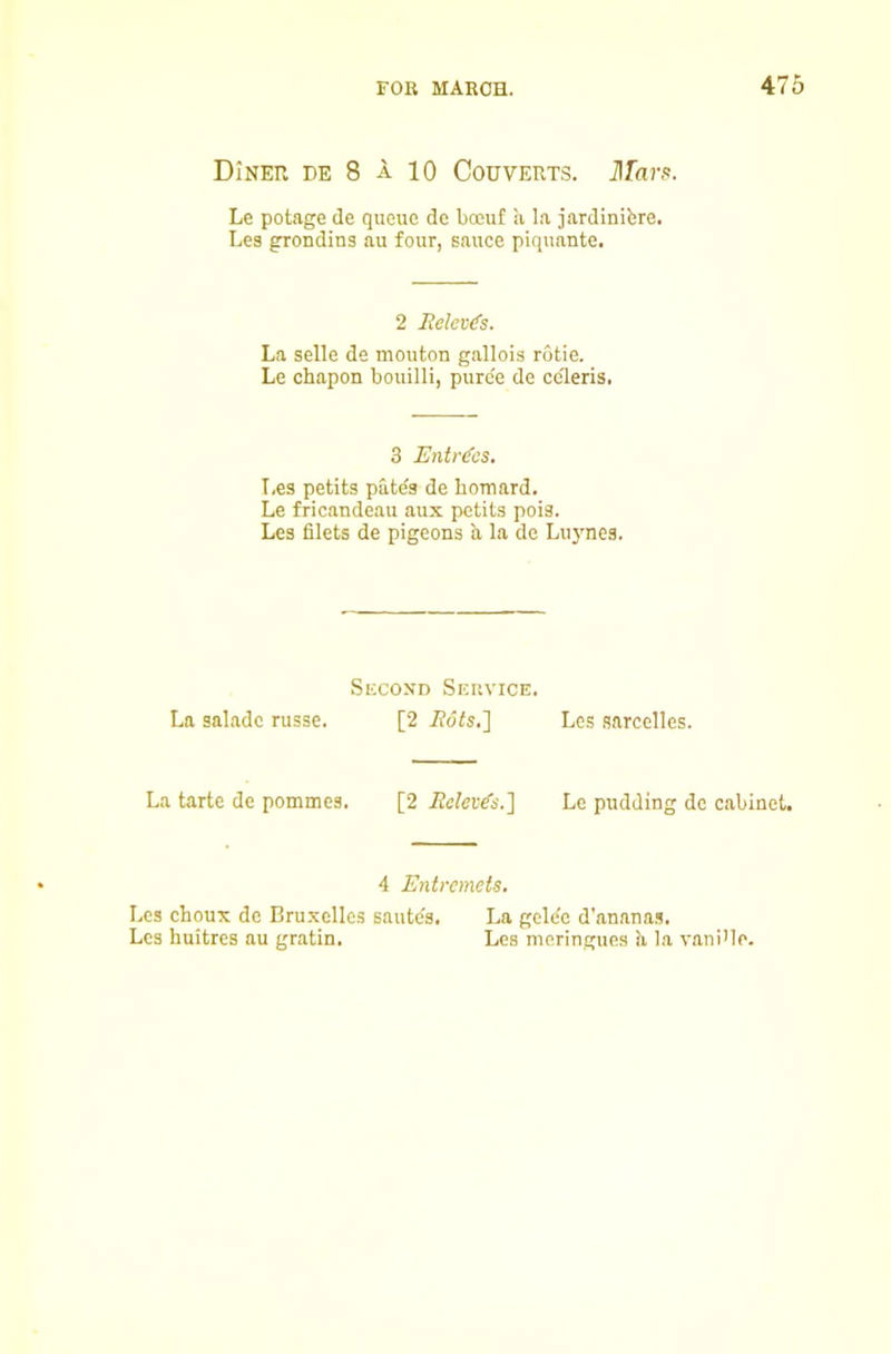 Diner de 8 A 10 Couverts. Mars. Le potage de queue de boeuf a la jardinifere. Les grondins au four, sauce piquante. 2 lielev<fs. La selle de mouton gallois rotie. Le chapon bouilli, pure'e de coleris. 3 Entr(fes. I.es petits patea de homard. Le fricandeau aux petits pois. Les filets de pigeons h, la de Luynes. La salade russe. La tarte de pommes. Second Service. [2 Rots.'] [2 Rdev^s.'] Les sarcelles. Le pudding de cabinet. 4 Entremets. Les cboux de Bruxelles saute's. La gele'e d'anana.a. Les huitres au gratin. Les meringues h, la vani'le.