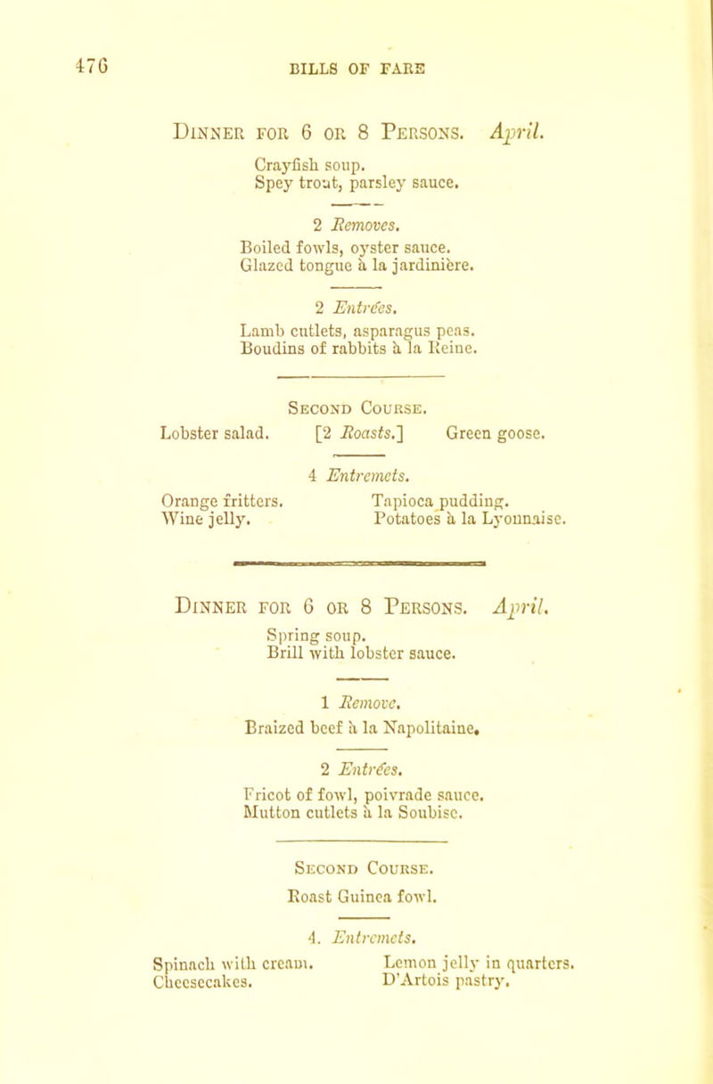 Dinner for 6 or 8 Persons. Ain-il. CrayCsli soup. Spey trout, parsley sauce. 2 Removes. Boiled fowls, 03'ster sauee. Glazed tongue i la jardiniere. 2 Entr(fes, Lamb cutlets, asparagus peas. Boudins of rabbits b, la Heine. Second Course. Lobster salad. [2 iJoasts.] Green goose. 4 Entremets. Orange fritters. Tapioca pudding. Wine jelly. Potatoes a la Lyounaisc. Dinner for 6 or 8 Persons. Ainil. Spring soup. Brill with lobster sauce. 1 Remove. Braized beef h. la Napolitaine, 2 Entries. Fricot of fowl, poivrade sauce. Mutton cutlets b la Soubisc. Second Course. Boast Guinea fowl. 4. Entremets. Spinach with cream. Lemon jellj- in quarters. Cbccscciikes. D’Artois pastry.