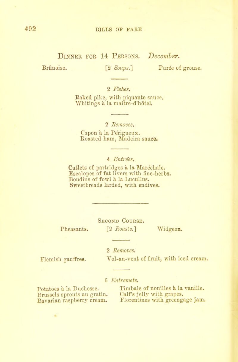 Dinner for 14 Persons. Decemlsr. Brunoise. [2 iSoiy^s.] Purde of grouse. 2 Fishes. Baked pike, with piquante sauce. Whitings a la maitre-d’hotel. 2 Removes. Capon a la Perigueux. Roasted ham, Madeira sauce. 4 Entries. Cutlets of partridges a la Mare'chale. Escalopes of fat livers with fine-herbs. Boudins of fowl a la Lucullus. Sweetbreads larded, with endives. Second Course. Pheasants. [2 .Roasts.] Widgeon. 2 Removes. Flemish gauffres. Vol-au-vent of fruit, with iced cream. G Entremets. Potatoes a la Duchessc. Timbale of nouilles h la vanille. Brussels sprouts au gratin. Calf’s jelly with grapes. Bavarian raspberry cream. Florentines with greengage jam.