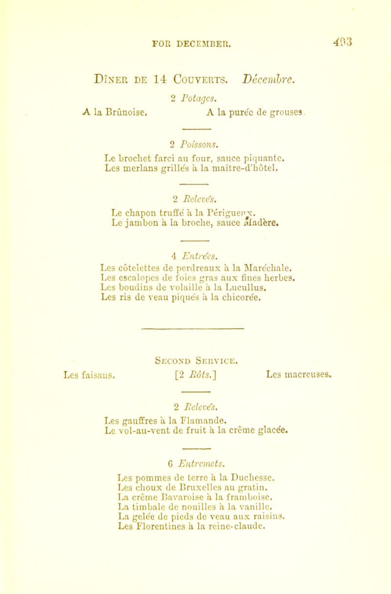 DIner de 14 CouvERTS. Decenibre. 2 Fotages. A la Brunoise. A la puree de grouses 2 Poissons, Le brocliet fare! au four, sauce piquante. Lcs merlans grille's a, la maitre-d’liotel. 2 Relcvi's, Le chapon truffe' a la Perigueux. Le jambon a la broebe, sauce aladfere. 4 Entrees. Lcs cdtelettes de perdreaux a la Jlarc'cliale. Lcs escalopes de foies gras aux lines herbes, Lcs boudins de volaillc a la Lucullus. Les ris de veau piques a la cbicorde. Second Service. Lcs faisaus. [2 i?dls.] Lcs macrcuses. 2 Pclov(fs. Les gauffres a la Flamande. Le vol-au-vcnt de fruit h. la creme glacde. G Entremets, Lcs pommes de terre ii la Duclicssc. Lcs choux de Bruxelles au gralin. T.a creme Bavaroise a la framboise. La timbale do nouillcs ii la vanillc. La gelde de pieds de veau aux raisins. Les Florentines a la rcine-claudc.