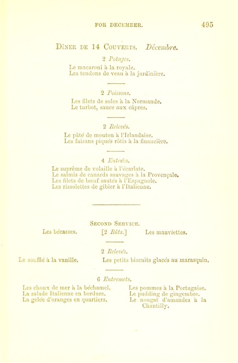 Diner de 14 Couverts. Dccemhre. 2 Potagcs. Le macaroni a la royalc. Les tendons do veau a la jardiniere. 2 Poissons. Les filets de soles a la Kormande. Le turbot, sauce aux capres. 2 Pelcve's. Le pate' dc mouton ii I’lrlandaise. Les faisans pique's rotis a la finauciere. 4 Entrees. Le supreme de volaille ii I’ecarlate. Le salmis de canards sauvages a la Provenyale, Les filets de bccuf saute's a I’Espagnole. Les rissolettes de gibier a I’ltalieune. Second Service. Les becasses. [2 Pots.] Les mauviettes. 2 Pcleves. Le souflld a la vanille. Les petits biscuits glacds au marasquin. G Entremets. Les choux de mer ii la bechamel. Les pommes a la Portugaise. La salade Italienne cn bordure. Le pudding de gingembre. La gcle'e d’oranges en quartiers. Le nougat d’amaudes ii la Chantilly.