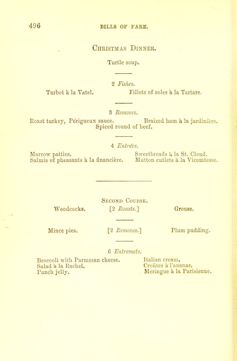 Christmas Dinner. Turtle soup. 2 Fishes. Turbot h, la Vatel. Fillets of soles a la Tartare. 3 Removes. Roast turkey, Pe'rigueux sauce. Braized ham k la jardiniere. Spiced round of beef. 4 Entre'es. M.arrow patties. Sweetbreads a la St. Cloud. Salmis of pheasants a la financifere. Mutton cutlets a la Ticomtesse. Second Course. Woodcocks. [2 ifoasts.] Grouse. Mince pies. [2 Removes.] Plum pudding. 6 Entremets. Broccoli witli Parmesan cheese. It.ali.an cream. Salad ii la Rachel. Croutcs ii I’ananas. Punch jelly. Meringue k la Parisienne.