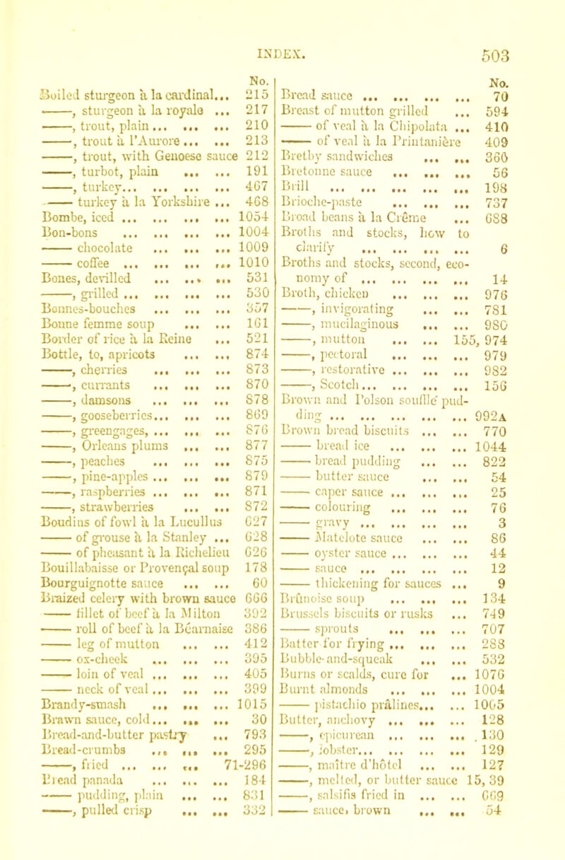 Boiled stiu'geon a la cai'dinal... No. 215 Broad smicc No. 70 ■ , sturgeon ii la royalo ... 217 Breast of mutton grilled * . . 594 , trout, plain , trout a I’Aui-ore 210 of veal h la Cbipolata k • « 410 213 —— of veal ii la I’rirrtarrifere 409 , trout, with Genoese sauce 212 Bretby sandwiches ... 360 , turbot, plain 191 Bretorme sauce ... ... • • • 56 , turkey 4G7 Brill • • • 198 turkey a la Yorkshire ... 4G8 Brioche-paste • . . 737 Bombe, iced 1054 Broad bearrs a la Creme 688 Bon-bons 1004 Broths and stocks, licw to chocolate 1009 ciariiy 6 coffee ... 1010 Broths and stocks, second. ECO- Bones, devilled 531 norrry of • . a 14 , gi'illed 530 Broth, chicken a . « 976 Bonnes-bouches '6ul , invigorating ... ... 781 Bonne femme soup IGl , trritcilagirrous 980 Border of rice a la Koine 521 , trnitton , pectoral 155, 974 Bottle, to, apricots 874 • « • 979 , cherries 873 , restorative ... 982 ', cunants ... 870 , Scotch ... 156 , damsons 878 Brown and Poison soulllc pud- , gooseberries 869 ding • • • 992a , gi-eengages 876 Browit broad biscuits ... . . 770 , Orleans plums 877 bread ice , , , 1044 , peaches 875 bread pudding ... • • • 822 , pine-apples 879 butter sauce t • 54 , raspberries ... 871 c.ipcr sauce • • 25 , strawberries 872 colouring • • • 76 Boudins of fowl a la Lucullus C27 Cravy ... ... 3 of grouse h la Stanley ... G28 ilatelote sauce • • • 86 of phciisant h la Kichelieu G26 oyster sauce ... 44 Bouillabaisse or Broven^al soup 178 sauce • • • 12 Bourguignotte sauce 60 thickening for sauces • •• 9 Braized celery with brown sauce GG6 Brfinoise soup k k 134 lillct of beef ii la Milton 392 Brus.sels biscuits or rusks k ■ 749 roll of beef a la Bearnaise 386 .s])routs t 4 4 707 leg of mutton 412 Butter for frying k . k 288 ox-cheek 395 Bubble-and-squeak ,,, k k k 532 loin of veal 405 Burns or scald-s, cure for kkk 1076 neck of veal 399 Burnt almonds ... 1004 Brandy-smash 1015 pistachio pralines... 4 4 k 1005 Brawn sauce, cobl 30 Butter, anchovy • 4k 128 Bread-and-butter pastry ... 793 , epicurean 130 Bread-crumbs ... ,,, ... 295 f ioljstcr kkk 129 , fried ... 71-296 , maiti'C d'liotol • k • 127 Bread panada ... ... ... 184 , melted, or butter sauce 15, 39 pudding, plain 8.'!1 , salsifis fried in ... • 4k C69 ——, pulled crisp 332 sauce, brown ... • « « 54
