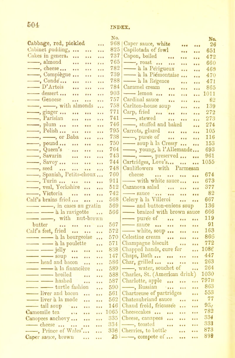 604 ENDEX. No. Cabbage, red, pickled 968 Cabinet pudding, 825 Cakes in general 737 , almond ,.. 765 , cheese 782 , Compibgne 739 , Conde' 788 ■ D’Artois 784 dessert 903 Genoese 757 , , with almonds ... 758 ■ ginger 771 , Parisian 741 —, plum ... 746 , Polish 795 , , or Baba 738 , pound 750 , Queen’s 764 , Savarin 743 , Savoy 744 , seed 748 , Spanish, Petils-choox ... , Turin 760 911 , veal, Yorlcshire 512 , Victoria 742 CnlPs brains fried 568 , in cases au gratin 669 a la ravigotte 566 , with nut-brown butter 567 Calf's feet, fried 572 a la hourgeoise ... 570 h la poulette 571 jelly 838 soup 147 head and bacon 586 a la financibre 589 broiled 588 hashed 587 turtle fashion 590 liver and bacon ... ... 561 liver ii la mode 562 tail soup 146 Camomile tea 1065 Canopecs anchovy 335 cheese 334 , Prince of Wales’... 336 Caper sauce, brown 25 No. 1 Caper sauce, white 26 Capilotadii of fowl 651 Capon, boiled 472 , roast 660 a la Pe'rigueux 469 a la Piemontaise 470 h la P.egence 471 Caramel cream 865 lemon 1011 Cardinal sauce 62 Carlton-house soup 139 Cai-p, fried ... 272 , stewed 273 , stuffed and baked 274 CaiTots, glazed 105 , puree of 116 ■ soup a la Cressy 153 , young, h I’Allemande... 693 , , preserved ... 961 Cartridges, Love’s 1055 Cauliflowers with Pamesan cheese ... 674 wuth white sauce 673 Cazanova salad 377 sauce 82 Celery h la Villeroi ... ... 667 .and button-onions soup 136 braized with brown sauce 666 pure'e of ,,, 119 sauce 91 white, soup 163 Celestine cream 866 Champagne biscuit 772 Cliapped hands, cure for ... lose Ch.aps, Bath ... 447 Clnar, gidlled 263 , water, souchet of 264 Charles, St. (American drink) 1030 Charlotte, apple 797n , Russian 863 Chartreuse of p.ai'tridges ... 553 Chate.aubri.and s.auce 77 Chaud froid, fric.asse'e 93.- Checsecalies 782 Cheese, canapees 334 , toasted 333 Cherries, to bottle 873 , compote of 898