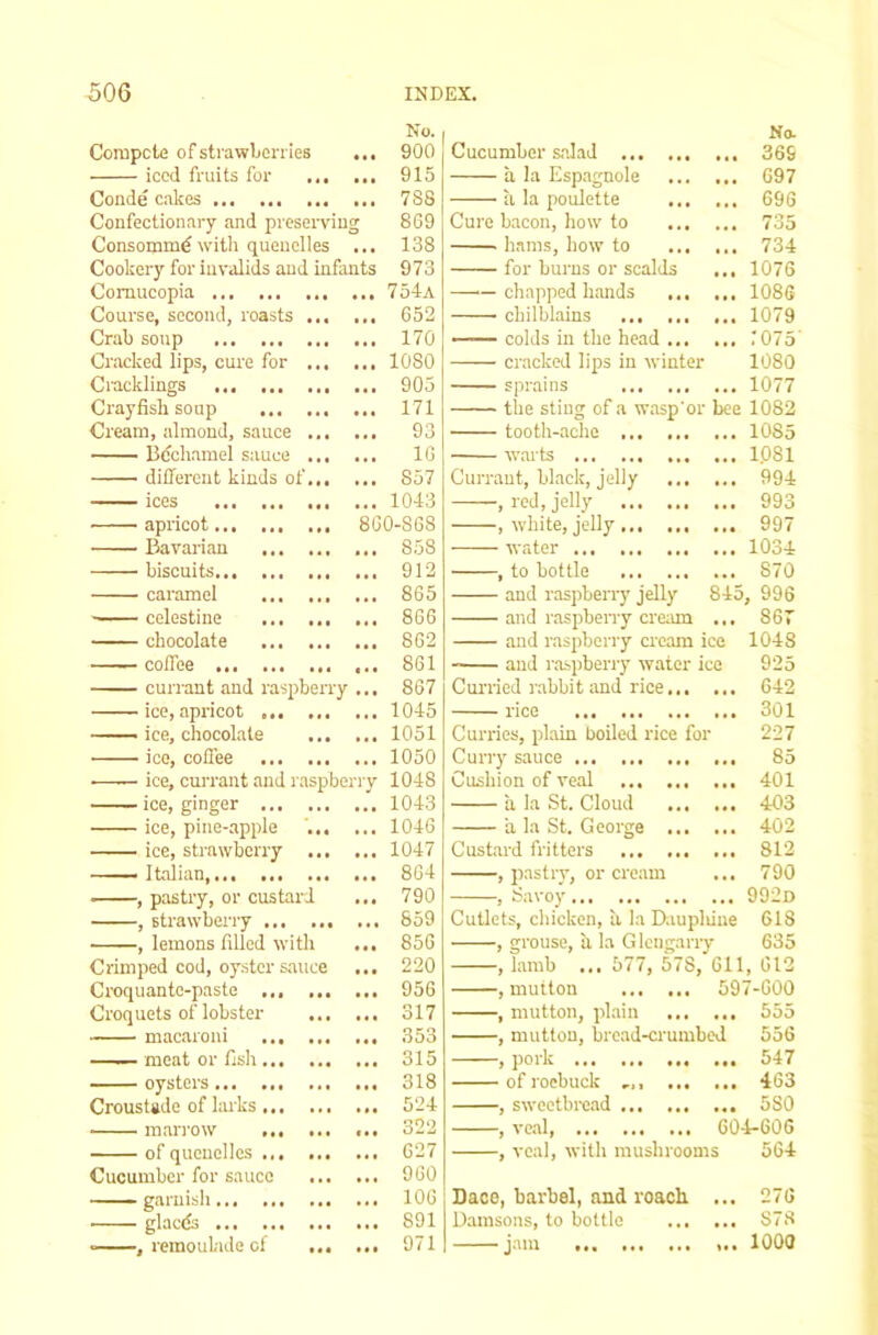 Compete of strawberries iced fruits for Coiide cakes Confectionary and preserving Consomm^ with quenelles Cookery for invalids aud infan Cornucopia Course, second, roasts Crab soup Cracked lips, cure for Cracklings ... ... Ci'ayfisli soup ... Cream, almond, sauce Bdchamel sauce diHercut kinds of ices apricot Bavarian ... biscuits caramel ... colestine chocolate coffee currant and rasjrberry ice, apricot ... —— ice, chocolate ico, coffee .—— ice, cun-ant and raspbei ice, ginger ... ice, pine-apple ice, strawberry ■ Italian, —, pastry, or custard , strawberry ... ——, lemons filled with Crimped cod, oyster sauce Croquantc-paste ,,, Croquets of lobster macaroni ... —I— meat or fish ... oysters Croustsde of larks ... marrow ... of quenelles ... Cucumber for sauce glacds , remouLide of No. 900 915 788 869 138 973 754a 652 170 1080 905 171 93 10 857 1043 860-868 858 912 865 866 862 861 867 1045 1051 1050 1048 1043 1046 1047 864 790 859 856 220 956 317 353 315 318 524 322 627 960 106 891 971 Cucumber salad ... a la Espagnole a la poulette No. 36S G97 696 735 734 1076 1086 1079 .‘075 1080 1077 Cure bacon, how to hams, how to for burns or scalds —~ chapped hands ... chilblains ■ — colds in the head ... cracked lips in winter sprains the sting of a wasp'or bee 1082 tooth-ache ... 1085 warts 1.081 Currant, black, jelly 994 , red, jelly 993 , white, jelly 997 water 1034 , to bottle 870 and raspberry jelly 845, 996 and raspben-y crerun ... 867 and raspberry cream ice 1048 and raspberry water Cui-ried rabbit and rice.. rice Curries, plain boiled rice Curry sauce Cushion of veal a la St. Cloud a la St. George .. Custard fritters , pasti-y, or eream Savoy ... or 925 642 301 227 85 401 403 402 812 790 992d 618 635 Cutlets, chicken, a la Baupliiue , grouse, ii la Glengarry , lamb ... 577, 578, 611, 612 , mutton 597-600 , mutton, plain 555 , mutton, bread-crumbed 556 , pork 547 of roebuck ,,, ... ... 463 , swectbi-ead 580 , vc.nl 604-606 , veal, with mushrooms 564 Daoo, barbel, and roach ... 276 Damsons, to bottle S7.3 jam ... 1000