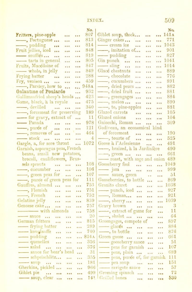 Fr.tt«r», pine-apple No. 807 , Portuguese 813 , pudding 814 Fruit jellies, iced 848 soullles 819 tarts in general 805 Fruits, Macedoine of 847 whole, in jelly 849 Frying batter 288 Fry, venison 459 , Parsley, how to 948a Galantine of Ponlarde 932 Gallimaufried sheep’s heads ... 423 Game, black, a la royale 475 , devilled 340 , forcemeat for preserving 189 for gravy, extinct of ... 11 » Panada 978 , pmee of 121 , removes of 464 stock ... 4 Gargle, a, for sore throat 1072 Garnish, asparagus peas, French beans, small new potatoes, brocoli, cauliflowers Rrus- sels sprouts 108 , cucumber 106 , green peas for 107 , puree of green peas for 111 Gauffres, almond 753 , Flemish 751 , French 752 Gelatine jelly 839 Genoese cake 757 .sauce 20 Germ,an fritters 815 fiy’ing batter 289 kou'^lautfe 740 pudiling 824a quenelles 356 salad 376 sauce for boar’s head ... 31 schpei.schlitz 3.55 soup 181 Gherkins, picklcl 966 Giblet pie 499 soup, clear ... ... ... 141 Giblet soup, thick... ... ... Now 141a Ginger cakes 771 cream ice 1043 , imitation of. 901 pudding 827 Gin punch 1041 sling 1014 Glace chestnuts 889 , chocolate 776 , cucumbers 891 , dried pears 882 , dried fruit 881 , greengages 884 , melon 890 , to, pine-apples ... ... 881 Glazed carrots 105 Ghazed onions ... 104 Gniocchi, Roman 309 Godiveau, an economical kind of forcemeat 190 , tourte of 525 Goose a I’Arlesienne ... ... 491 , braized, a la Jardiniere 490 , green 661 roast, with sage and onion 489 Gooseberry fool 1049 j™ 999 sauce, green 51 Gooseberries, to bottle 869 G rani to claret 1038 punch, iced 927 , Roman... 921 , sherry 1039 Gravy brown ... 3 , e.vtract of g.ame for ... 11 , shalot 64 Greengages, compote of ... 897 glacds 884 , to bottle 876 Green goose 661 gooseberry sauce 51 peas for garnish 107 peas, [ilain 689 peas, purde of, for garnis h 111 pea soup 151 ravigote sauce 57 Greening spinach 72 fiiilled bones ... ,,, ,,, 630