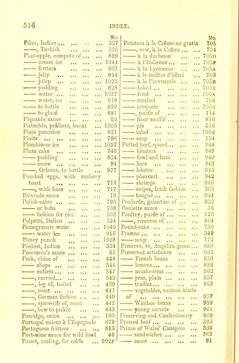 Pilau, Indian No 327 , Turkish 326 Piue-appIe, conipoto of 899 cream ice 1044 ■ fritters 807 ■—jelly 844 julep 1022 —— pudding 828 water 1037 water, ice 918 to bottle 879 to glace 881 I’iquante sauce 22 Pistachio, pr3,lines, burnt 1005 Plain pancakes 821 Plaits 796 Plombibres ice ... 1057 Plum cake 746 pudding 834 sauce 94 , Orleans, to bottle ... 877 Poached eggs, witli anchovy toast 716 , with ham 717 Poivrade sauce 19 Polish cakes 795 or baba 738 fashion for rice 303 Polpetti, Italian 354 Pomegi'anate watei' 1040 water ice 919 Poney punch ... 1028 Pooloot, Indian 324 Poor-man’s sauce 61 Pork, chine of 448 chops 546 — cutlets 547 —, curried 549 , leg of, boiled 439 , roast 441 • , German fashion 440 ■ , spare-rib of, roast , how to pickle 442 443 Porridge, onion 160 Portugal onions h I’Espagnole 679 Portuguese fritters 813 Port-wine sauce for wild fowl 46 Posset, cooling, for colds ... 9927 Potatoes a. la CrSme .au gratin No, 705 , new, a la Crgme 704 a la duchesse 705d a I’ltalienne 705r a la Lyonnaise 705a a la maitre d’hotel ... 703 a la Provcn9ale 705b baked 705e fried 706'a mashed 706 croquets 705c , puree of 114 flour souflle 816 pie 516 salad 705o soup 154 Potted beef, spiced 944 bloaters 947 fowl and ham 940 - —— hnre •.. 943 lobster 945 pheasant 942 shrimps 946 snipes, Irish i'ashion ... 503 tongue 941 Poularde, galantine of 932 Poulette sauce 36 Poultry, puree of 120 , removes of 464 Pound-cake 750 Prawns 349 soup 172 Preserve, to, Angelica gieeu ... sso Preserved artichokes 965 French beans 959 lemons 886 mushrooms 962 peas, plain 957 U'uflles 963 vegetables, various kinds of 957 Windsor beans 959 young carrots 961 Presen'ing and Confectionary 869 Pressed beef 393 Prince of Wales’Conapees ... .336 sandwiches 363 sauce 81