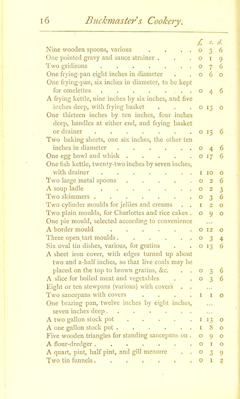 £ s. d. Nine wooden spoons, various . . . . O 3 6 One pointed gravy and sauce strainer . O I 9 Two gridirons ....... 0 7 6 One frying-pan eight inches in diameter 0 6 0 One frying-pan, six inches in diameter, to be kept for omelettes ....... o 4 6 A frying kettle, nine inches by six inches, and five inches deep, with frying basket o 13 0 One thirteen inches by ten inches, four inches deep, handles at either end, and frying basket or drainer o 15 6 Two baking sheets, one six inches, the other ten inches in diameter . . . . . . 0 4 6 One egg bowl and whisk ..... 0 17 6 One fish kettle, twenty-two inches by seven inches, with drainer ....... I 10 O Two large metal spoons ..... 0 2 6 A soup ladle ....... o 2 3 Two skimmers ....... o 0 6 Two cylinder moulds for jellies and creams . . I 2 O Two plain moulds, for Charlottes and rice cakes . o 9 O One pie mould, selected according to convenience A border mould ...... o 12 O Three open tart moulds . ..... o 3 4 Six oval tin dishes, various, for gratins o 13 6 A sheet iron cover, with edges turned up about two and a-half inches, so that live coals may be placed on the top to brown gratins, &c. o 0 J 6 A slice for boiled meat and vegetables o 3 6 Eight or ten stewpans (various) with covers . . Two saucepans with covers .... I I 0 One brazing pan, twelve inches by eight inches, seven inches deep. . . . . . . A two gallon stock pot I 13 O A one gallon stock pot ...... I s O Five wooden triangles for standing saucepans on . o 9 O A flour-dredger o I O A quart, pint, half pint, and gill measure . . o 3 9 Two tin funnels , p i 3