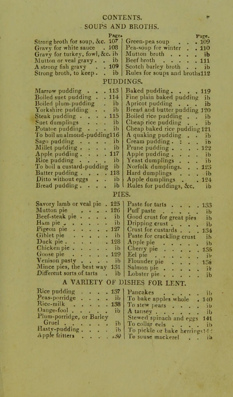 SOUPS AND BROTHS. P»uei Strong broth for «oup, &c. 107 Gravy for white sauce . 108 Gravy for turkey, fowl, &c. ih JMuitoii or veal gravy. . ib A strong fish gravy . . 109 Strong broth, to keep . . ib Page. Green-pea soup . . . 109 Pea-soup for winter . . 110 Mutton broth .... ib Beef broth Ill Scotch barley broth . . ib Rules for soups and brothsll2 PUDDINGS. Marrow pudding . . . 113 Boiled suet pudding . .114 Boiled plum-pudding . ib Yorkshire pudding . . ib Steak pudding .... 115 Suet dumplings . . . ib Futatoe pudding . . . ib To boil analmond-puddinglld Sago pudding .... ib Millet pudding .... ib Apple pudding .... 117 Rice pudding . . . , ib To boil a custard-pudding ib Batter pudding .... 118 Ditto without eggs . . ib Bread pudding .... ib Baked pudding.... 119 Fine plain baked pudding ib Apricot pudding . . . ib Bread and butter pudding 120 Boiled rice pudding . . ib CheapI rice pudding . . ib Cheap baked rice pudding 121 A quaking pudding . . ib Cream pudding. : . . ib Prune pudding .... 122 Apple pudding .... ib Yeast dumplings . . . ib Norfolk dumplings. . . 123 Hard dumplings . . . ib Apple dumplings . . 124 Rules fur puddings, &c. ib PIES. Savory lamb or veal pie . 12.5 Mutton pie .... 126 Beef-steak pie ... . ib Ham pie ib Pigeon pie 127 Giblet pie ib Duck pie ... . . 128 Chicken pie ib Goose pie 129 Venison pasty .... ib Mince pies, the best way 131 DifiTerent sorts of tarts . ib A VARIETY OF 1 Rice pudding .... 137 Peas-porridge . . . . ib Rice-milk 138 Oange-fool ib Plum-porridge, or Barley Gruel ib Hastv-pudding .... ib Appfe fritters . . . . idp Paste for tarts .... 13.3 Puff paste ib Good crust for great pies ib Dripping crust .... ib Crust for custards . . . 134 Paste for crackling crust ib Apple pie ..... ib Cherry pie 1S5 Eel pie it. Flounder pie .... 1,3ft Salmon pie ift Lobster pie jb :SHES FOR LENT. Pancakes ib 'I'o bake apples whole . HO To stew pears .... ib A tansey jb Stewed spinach and eggs 141 To collar eels .... ib To pickle or bake herringcl't'.' I’o souse mackerel . . ils