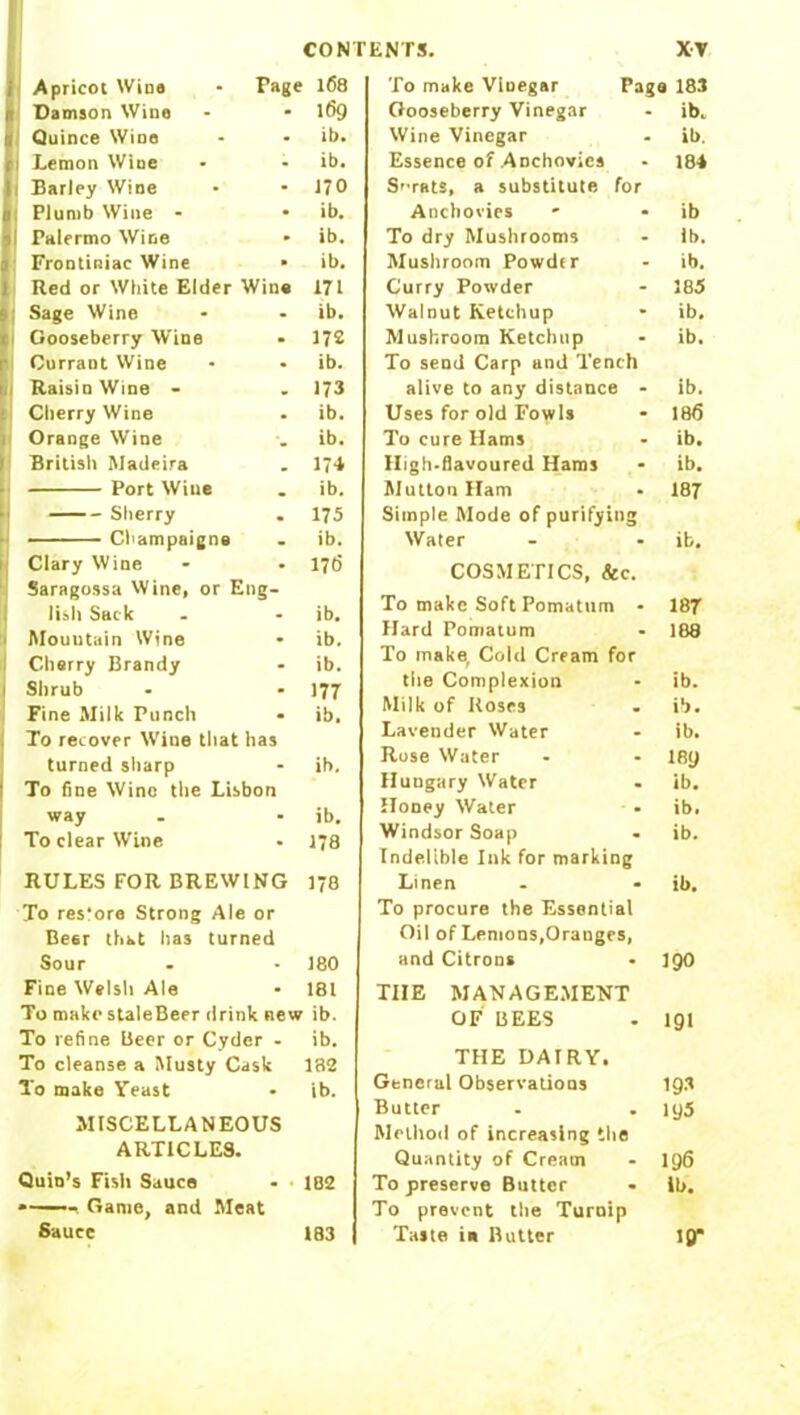 i Apricot Wine Page 168 Damson Wine 169 Quince Wine ib. Lemon Wine ib. 1 Barley Wine no j Plumb Wine - ib. Palermo Wine ib. Frontiniac Wine ib. Red or White Elder Wine 171 Sage Wine ib. Gooseberry Wine 172 Currant Wine ib. 1 Raisin Wine - 173 Cherry Wine ib. Orange Wine ib. British Madeira 1-4 Port Wine ib. 1 Sherry 175 Champaigns ib. 1 Clary Wine 176 Saragossa Wine, or Eng- lish Sack ib. Mountain Wine ib. Cherry Brandy ib. I Shrub 177 Fine Milk Punch ib. To recover Wine that has turned sharp ib. To fine Wine the Lisbon way ib. To clear Wine 178 RULES FOR BREWING 178 To res'ore Strong Al e or Beer that has turned Sour - 180 Fine Welsh Ale - 181 To make staleBeer drink new ib. To refine Beer or Cyder - ib. To cleanse a Musty Cask 182 To make Yeast • ib. MISCELLANEOUS ARTICLES. Quin's Fish Sauce - 182 - Game, and Meat Sauce 183 To make Viuegar Page 183 Gooseberry Vinegar - ib. Wine Vinegar . ib. Essence of Anchovies - 184 Sprats, a substitute for Anchovies * - ib To dry Mushrooms - ib. Mushroom Powder - ib. Curry Powder - 185 Walnut Ketchup * ib. Mushroom Ketchup - ib. To send Carp and Tench alive to any distance - ib. Uses for old Fowls - 186 To cure Hams - ib. High.flavoured Hams - ib. Mutton Ham . 187 Simple Mode of purifying Water - - ib. COSMETICS, &c. To make Soft Pomatum - 187 Hard Pomatum • 188 To make, Cold Cream for the Complexion - ib. Milk of Roses . ib. Lavender Water - ib. Rose Water - - I89 Hungary Water - ib. Honey Water - ib. Windsor Soap . ib. Indelible Ink for marking Linen . • ib. To procure the Essential Oil of Lemons,Oranges, and Citrons • 190 THE MANAGEMENT OF BEES . 191 THE DAIRY. General Observations 193 Butter - • iy5 Method of increasing the Quantity of Cream - 196 To preserve Butter - ib. To prevent the Turnip Taste in Butter 19*
