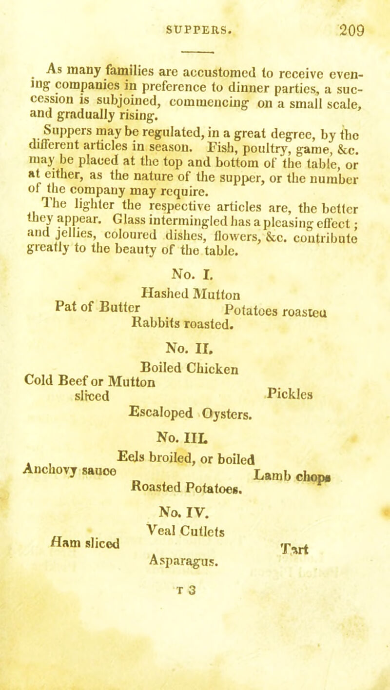 As many families are accustomed to receive even- ing companies in preference to dinner parties, a suc- cession is subjoined, commencing on a small scale, and gradually rising. Suppers may be regulated, in a great degree, by the different articles in season. Fish, poultry, game, &c. may be placed at the top and bottom of the table, or at either, as the nature of the supper, or the number of the company may require. The lighter the respective articles are, the better the) appear. Glass intermingled has a pleasing effect; and jellies, coloured dishes, flowers, &c. contribute greatly to the beauty of the table. No. I. Hashed Mutton Pat of Butter Potatoes roasted Rabbits roasted. No. II. Boiled Chicken Cold Beef or Mutton sliced Escaloped Oysters. Pickles No. IIL . Eels broiled, or boiled Anchovy sauce Lamb chop. Roasted Potatoes. No. IV. Veal Cutlets flam sliced Asparagus. T*rt