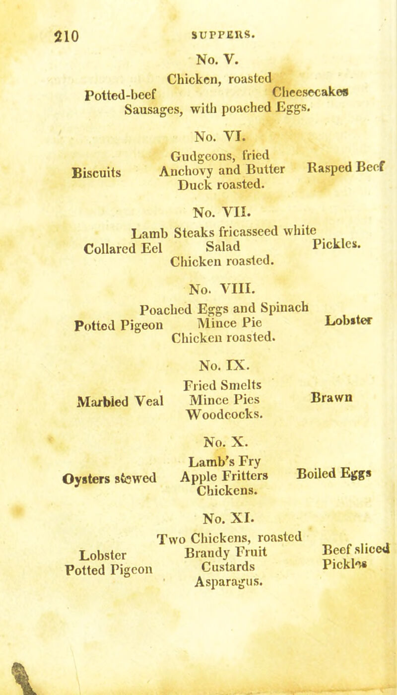 No. v. Chicken, roasted Potted-beef Cheesecakes Sausages, with poached Eggs. Biscuits No. VI. Gudgeons, fried Anchovy and Butter Duck roasted. Rasped Beef No. VII. Lamb Steaks fricasseed white Collared Eel Salad Pickles. Chicken roasted. No. VIII. Poached Eggs and Spinach Potted Pigeon Mince Pie Chicken roasted. Lobster Marbled Veal Oysters stewed No. IX. Fried Smelts Mince Pies Woodcocks. No. X. Lamb’s Fry Apple Fritters Chickens. Brawn Boiled Eggs No. XI. Two Chickens, roasted Lobster Braudy Fruit Potted Pigeon Custards Asparagus. Beef sliced Pickles