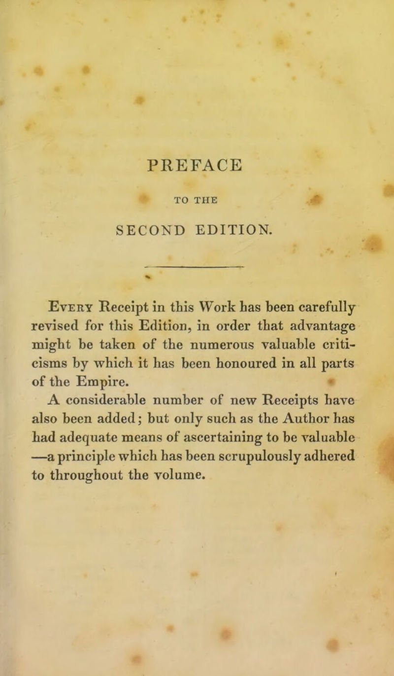 TO THE SECOND EDITION. Every Receipt in this Work has been carefully revised for this Edition, in order that advantage might be taken of the numerous valuable criti- cisms by which it has been honoured in all parts of the Empire. • A considerable number of new Receipts have also been added; but only such as the Author has had adequate means of ascertaining to be valuable —a principle which has been scrupulously adhered to throughout the volume.