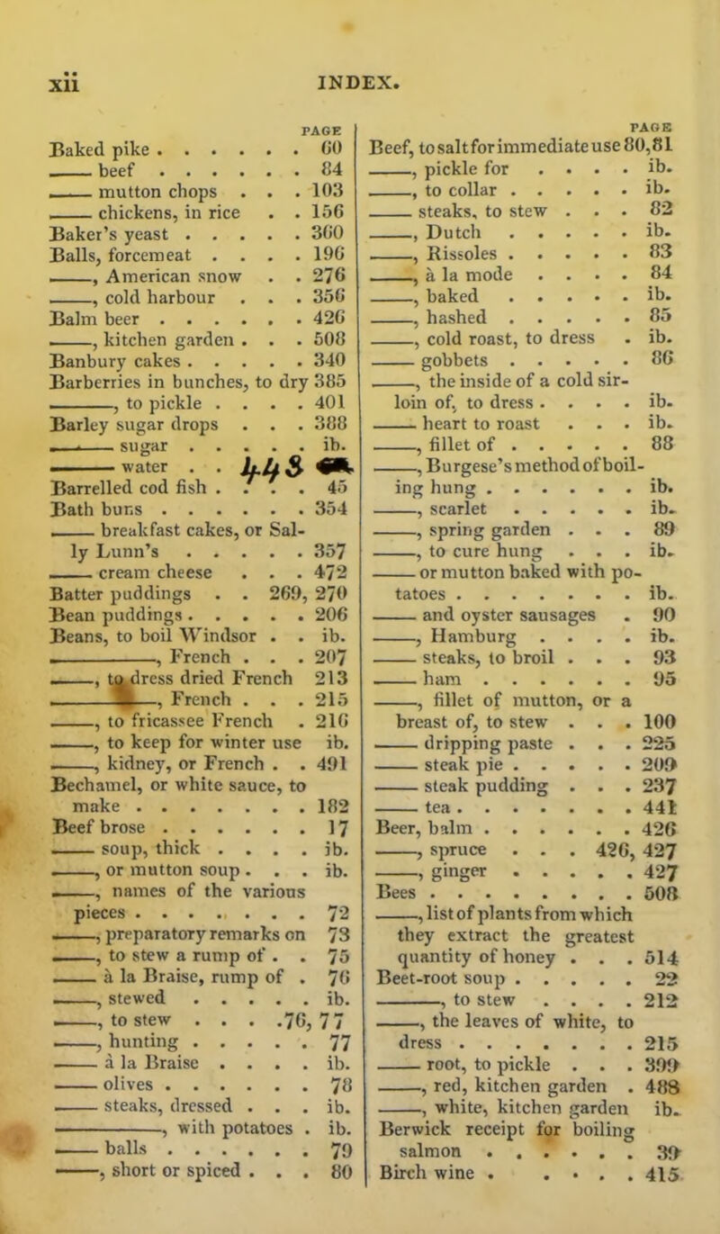 PAGE Baked pike .... beef .... ■ mutton chops . . . 103 chickens, in rice . . 156 Baker’s yeast . . . . . 360 Balls, forcemeat . . . . 196 , American snow . . 276 , cold harbour . . 356 Balm beer .... , kitchen garden . . . 608 Banbury cakes . . . . . 340 Barberries in bunches, to dry 385 , to pickle . . . . 401 Barley sugar drops . . 388 , * ■ ■■ sui^ar . . • . . ib- ■■■ - - water . . hU 3 Barrelled cod fish . . . • 45 Bath buns .... breakfast cakes, or Sal- ly Lunn’s . . . . . 357 cream cheese . . 472 Batter puddings . . 269, 270 Bean puddings. . . . . 206 Beans, to boil Windsor . . ib. , French . . . 207 • ) t^ress dried French 213 —, French . . . 215 ——, to fricassee French . 21G , to keep for winter use ib. , kidney, or French . . 4i)l Bechamel, or white sauce, to make 182 Beef brose 17 . soup, thick ... . ib. . , or mutton soup. . . ib. ».. , names of the various pieces 72 . ■■ , preparatory remarks on 73 -I , , to stew a rump of . . 75 . a la Braise, rump of . 7G - , stewed ib. , to stew . . . .76,77 , hunting 77 a la Braise . . . . ib. olives 76 steaks, dressed . . . ib. ■- ■ , with potatoes . ib. balls 70 —, short or spiced ... 80 PAGE Beef, tosaltforimmediateuse 80,81 , pickle lor • . . 10. , to collar . . • • . ib- steaks, to stew . 82 , Dutch • • . ib. , Rissoles . . . 83 , a la mode • • . 84 , baked • • . ib. , hashed . . • • . 85 , cold roast, to dress . ib. gobbets . . • . 86 , the inside of a cold sir- loin of, to dress . • • . ib. heart to roast . ib. , fillet of . . • • . 88 , Burgese’s method of boil- ing hung . . . , scarlet . . • • . ib. , spring garden . . 89 , to cure hung . . ib. or mutton baked with po- tatoes .... and oyster sausages . 90 , Hamburg • . ib. steaks, to broil • • . 93 ham . . . , , . 95 , fillet of mutton, or a breast of, to stew . 100 dripping paste . . 225 steak pie . . • * . 209 steak pudding • . 237 tea . . . . . 441 Beer, balm . . . 5 spruce . . . 426, 427 , ginger . . • • . 427 Bees . 608 , list of plants from which they extract the greatest quantity of honey . . . 514 Beet-root soup 22 , to stew .... 212 , the leaves of white, to dress 215 root, to pickle . . . 3!)f> , red, kitchen garden . 488 , white, kitchen garden ib- Berwick receipt for boiling salmon Birch wine . . • . . 415