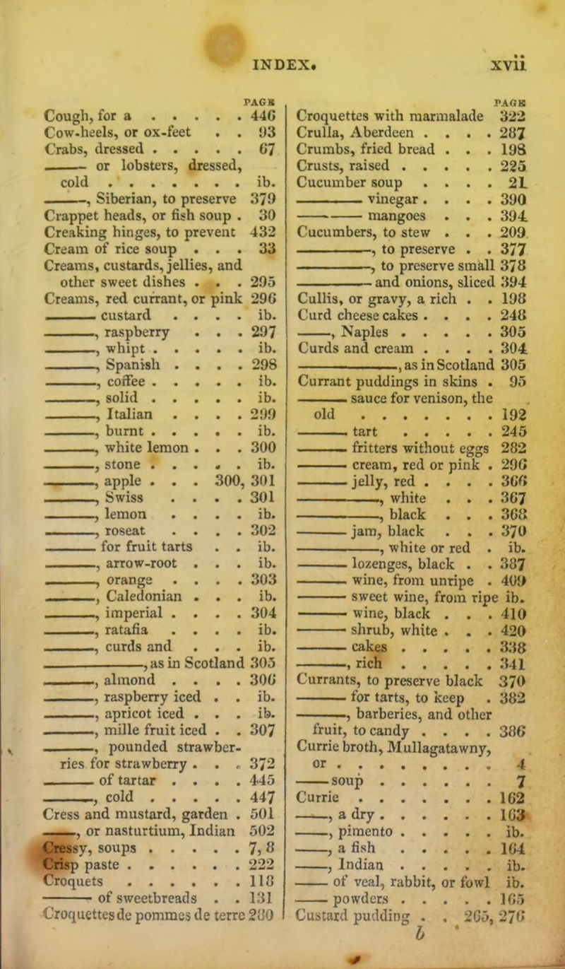 PAGB Cough, for a 44G Cow-heels, or ox-feet . . 1)3 Crabs, dressed 67 or lobsters, dressed, cold ib. . -, Siberian, to preserve 379 Crappet heads, or fish soup . 30 Creaking hinges, to prevent 432 Cream of rice soup ... 33 Creams, custards, jellies, and other sweet dishes . . . 295 Creams, red currant, or pink 29G custard . . . . ib. , raspberry . . . 297 ■whipt ib. , Spanish .... 298 cofiee ..... lb. solid ..... lb. , Italian .... 299 , burnt ib. , white lemon . . . 300 stone ..... lb. j apple . . . 300, 301 1.1 , Swiss .... 301 , lemon . . . . ib. , roseat .... 302 for fruit tarts . . ib. , arrow-root . . . ib. , orange .... 303 I, , -Caledonian . . . ib. , imperial .... 304 , ratafia . . . . ib. , curds and . . . ib. -,asin Scotland 305 30G ib. ib. 307 372 445 447 501 502 7,8 , , almond , raspberry iced . . , apricot iced . . . ■ . —.) mille fruit iced . . ■ .I—, pounded strawber- ries for strawberry. . . of tartar . . . . —, cold . . . . . Cress and mustard, garden , or nasturtium,Indian .Ctessy, soups Crisp paste 222 Croquets 110 of sweetbreads . .131 Croquettes de pommes de terrc 200 PAOB Croquettes with marmalade 322 Crulla, Aberdeen .... 207 Crumbs, fried bread . . .198 Crusts, raised 225 Cucumber soup . . . . 2L vinegar.... 390 mangoes . . . 394 Cucumbers, to stew . . . 209 . ■ to preserve . . 377 , to preserve small 378 I— and onions, sliced 394 Cullis, or gravy, a rich . . 198 Curd cheesecakes. . . . 248 , Naples 305 Curds and cream .... 304 — as in Scotland 305 Currant puddings in skins . 95 sauce for venison, the old 192 ■ I tart ..... 24 5 ■ - ■ ..-i. fritters without eggs 282 cream, red or pink . 29G jelly, red .... 3CG -, white . . . 367 ^ , black . . . 368 jam, black . . .370 , white or red . ib. lozenges, black . . 387 wine, from unripe . 409 sweet wine, from ripe ib. wine, black . . .410 ' shrub, white . . . 420 cakes 338 , rich .341 Currants, to preserve black 370 for tarts, to keep . 382 ———barberies, and other fruit, to candy .... 386 Currie broth, Mullagatawny, or 4 soup 7 Currie 162 ——, a dry 163 _, pimento ib. , a fish 164 , Indian ib. of veal, rabbit, or fowl ib. powders 165 Custard pudding . . 265,276 6 ‘