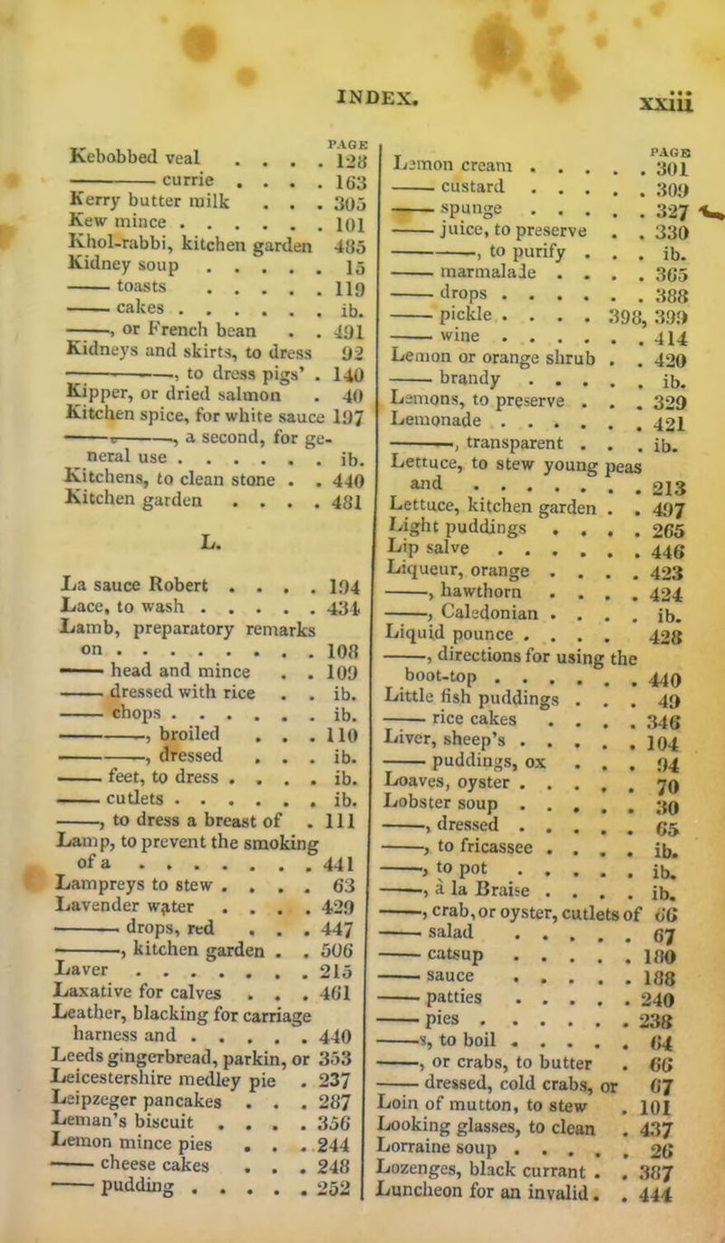 xxm Kebobbed veal • curne PAGE 128 163 30o 101 485 15 119 ib. 491 92 , . UO Itipper, or dried salmon . 40 Kitchen spice, for white sauce 197 —— , a second, for ge- neral use ib. Kitchens, to clean stone . . 440 Kitchen garden . . . .481 Kerry butter milk . . . Kew mince Khol-rabbi, kitchen garden Kidney soup toasts cakes ——, or French bean . . Kidneys and skirts, to dress to dress pigs’ . L. La sauce Robert Lace, to wash . Lamb, preparat( on 194 434 head and mince . 109 dressed with rice . ib. chops . ib. broiled . . . 110 , dressed , . . ib. feet, to dress . . . . ib. cutlets . ib. to dress a breast of . Ill Lamp, to prevent the smoking of a Lampreys to stew .... Lavender waiter .... ■ — drops, red . . . ■ , kitchen garden . . Laver Laxative for calves . . . Leather, blacking for carriage harness and Leeds gingerbread, parkin, or Leicestershire medley pie Leipzeger pancakes Leman’s biscuit , Lemon mince pies cheese cakes pudding . , 441 63 429 447 506 215 461 440 353 237 287 356 244 248 252 liemon cream . . . custard . . . spunge . . . juice, to preserve , to purify . marnialaie . . drops .... pickle .... wine .... Lemon or orange shrub brandy . . . Lemons, to preserve . Lemonade .... transparent PAGE . 301 . 309 . 327 . 330 . ib. . 365 . 388 398, 399 . 414 . 420 . ib. . 329 . 421 . ib. Lettuce, to stew young peas and 213 Lettuce, kitchen garden . . 497 Light puddings .... 265 Lip salve 446 Liqueur, orange .... 423 , hawthorn .... 424 , Caledonian • . . . ib. Liquid pounce .... 428 , directions for using the boot-top .... Little fish puddings rice cakes Liver, sheep’s . . puddings, ox Loaves, oyster . . Lobster soup . . -, dressed . . to fricassee . •, to pot . . ■, a la Braise . ■, crab, or oyster, cutlets of ■ salad ■ catsup ,sauce patties pies -s, to boil —, or crabs, to butter — dressed, cold crabs, or Loin of mutton, to stew Looking glasses, to clean Lonaine soup . . . . , Lozenges, black currant . . Luncheon for an invalid. , 440 49 346 104 94 70 30 65 ib. ib. ib. 66 67 180 188 240 238 64 66 07 101 437 26 387 444