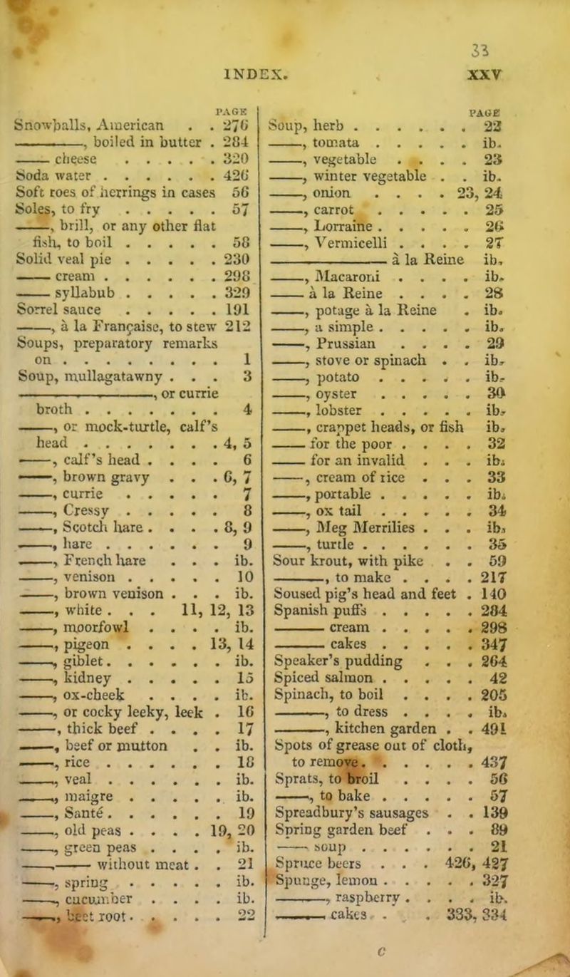 o INDEX, 33 XXV O ' PAGK SnowJjalls, American . . 270 . ■ I. .. I , boiled in butter . 284 cheese 320 Soda water 428 Soft toes of herrings in cases 5G Soles> to fry 57 .. ■ ■ , brill, or any other flat fisli, to boil 58 Solid veal pie 230 cream 298 syllabub 329 Sorrel sauce 191 , a la Franfaise, to stew 212 Soups, preparatory remarks on 1 Soup, mullagatawny ... 3 ., or currie broth 4 , or mock-turtle, calf’s head 4, 5 — calf’s head .... 6 —, brown gravy . . . G, 7 , currie 7 , Cressy 8 , Scotcli liarc . . . . 8, 9 , hare 9 ■ , French Irate . . . ib. , venison 10 , brown veuison . . . ib. , white. . . 11, 12, 13 , moorfowl . . . . ib. , pigeon . . . . 13, 14 —^ giblet ib. , kidney 15 , ox-cheek . . . . ib. , or cocky leeky, leek . 16 , thick beef .... 17 - . ■ beef or mutton . . ib. , rice 18 veal ib. —I—., maigre ib. , Sante 19 , old peas . . . . 19, 20 , green peas . . . . ib. ' ■ without meat. . 21 •, spring ib. ., cucuaiiber . . . . ib. ——bfect root 22 . Soup, herb .... PAGE , tomata . . . ib- , vegetable . . , * 23 , winter vegetable • • ib- , onion . . . . 23, 24 , carrot . . . 25 , liorraine . . . 2G , Vermicelli . . 2T - — a la Reine ib. , 31acaroni . . ib. a la Reine . . * ^ 28 , potage k la Reine ib. , a simple . . . • » ib. , Prussian . . • • 29 , stove or spinach • ib. , potato . . . • • ib- , oyster . . . • • 39 , lobster . . . • « ibr , cranpet heads, or fish ib> for the poor . . • • 32 for an invalid . • • ibi , cream of rice . • « 33 , portable . . . • • ibi , ox tail . . . 34 , Meg Merrilies . • • ib. , turtle .... Sour krout, with pike • • 59 , to make . . 217 Soused pig’s head and feet . 140 Spanish pufis . . . • • 284 cream . . . • 4 298 1 cakes . . . « « 347 Speaker’s pudding • « 2G4 Spiced salmon . . . « « 42 Spinach, to boil . . • • 205 , to dress . . • « ib. , kitchen garden 4 4 491 Spots of grease out of cloth. to remojf.... Sprats, to woil . . 437 « • 56 ——, to bake . . . • m 57 Spreadbury’s sausages • • 139 Spring garden beef . • • 89 soup , . . • • • 21 Spruce beers . . . 42C, 427 ''Spunge, lemon . . . . • 327 , raspberry . . • 4 ib. ——— cakes, . , . 333, 334 c