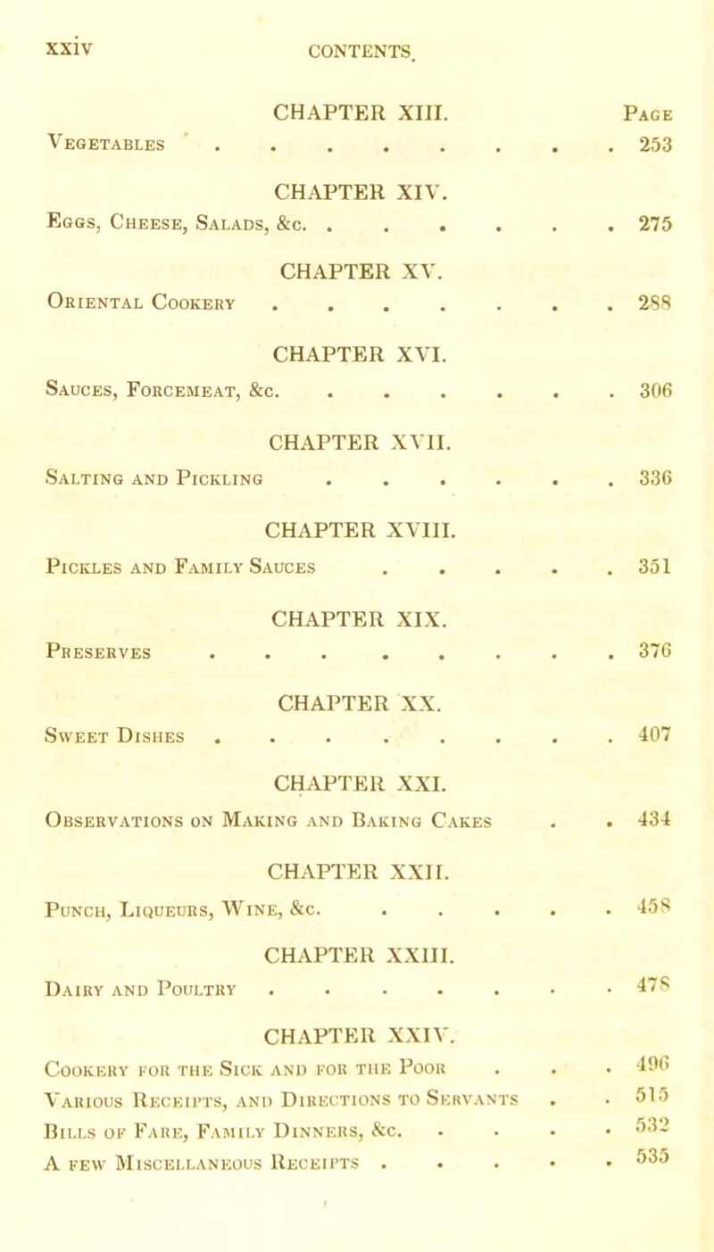 CHAPTER XIII. Vegetables ' . • Page . 253 CHAPTER XIV. Eggs, Cheese, Salads, &c. . . 275 CHAPTER XV. Oriental Cookery ..... . 2SS CHAPTER XVI. Sauces, Forcemeat, &c. .... . . 306 CHAPTER XVII. Salting and Pickling .... . 336 CHAPTER XVIII. Pickles and F.amily Sauces . 351 CHAPTER XIX. Preserves ... ... . 376 CHAPTER XX. Sweet Dishes ...... . 407 CHAPTER XXI. Observations on Making and Raking Cakes . 434 CHAPTER XXII. Punch, Liqueurs, Wine, &c. . . 458 CHAPTER XXIII. Dairy and Poultry ..... . 478 CHAPTER XXIV. Cookery tor the Sick and for the Poor Various Receifts, and Directions to Servants Bills of Fare, Family Dinners, Sic. A FEW Miscellaneous Receipts . • . 406 . 515 . 532 . 535