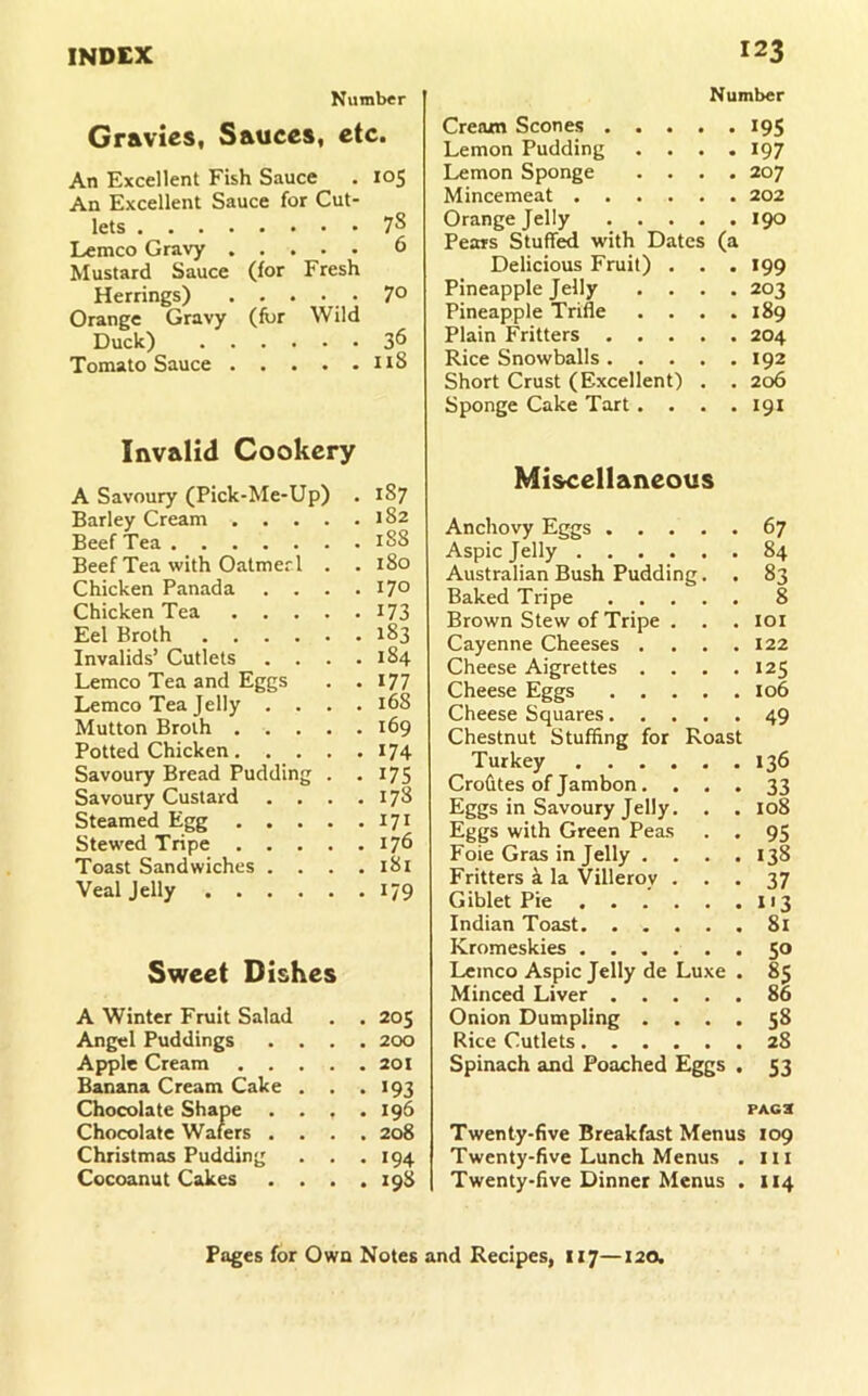 Number Gravies, Sauces, etc. An Excellent Fish Sauce . 105 An Excellent Sauce for Cut- lets 7^ Lemco Gravy 6 Mustard Sauce (for Fresh Herrings) ..... 7° Orange Gravy (fur Wild Duck) 3^ Tomato Sauce 118 Invalid Cookery A Savoury (Pick-Me-Up) . 187 Barley Cream 182 Beef Tea 1S8 Beef Tea with Oatmerl . .180 Chicken Panada . . . .170 Chicken Tea I73 Eel Broth 183 Invalids’ Cutlets . . . .184 Lemco Tea and Eggs . .177 Lemco Tea Jelly .... 168 Mutton Broth 169 Potted Chicken 174 Savoury Bread Pudding . .175 Savoury Custard . . . .178 Steamed Egg 171 Stewed Tripe 176 Toast Sandwiches .... 181 Veal Jelly 179 Sweet Dishes A Winter Fruit Salad . . 205 Angel Puddings .... 200 Apple Cream 201 Banana Cream Cake . . .193 Chocolate Shape . . . .196 Chocolate Wafers .... 208 Christmas Pudding . . .194 Cocoanut Cakes . . . .198 Number Cream Scones 195 Lemon Pudding .... 197 Lemon Sponge .... 207 Mincemeat 202 Orange Jelly 190 Pears Stuffed with Dates (a Delicious Fruit) . . . 199 Pineapple Jelly .... 203 Pineapple Trifle .... 189 Plain Fritters 204 Rice Snowballs 192 Short Crust (Excellent) . . 206 Sponge Cake Tart .... 191 Miscellaneous Anchovy Eggs Aspic Jelly Australian Bush Pudding. . Baked Tripe Brown Stew of Tripe . . . Cayenne Cheeses .... Cheese Aigrettes .... Cheese Eggs Cheese Squares Chestnut Stuffing for Roast Turkey Crofites of Jambon.... Eggs in Savoury Jelly. . . Eggs with Green Peas . . Foie Gras in Jelly .... Fritters i la Villeroy . . . Giblet Pie Indian Toast Kromeskies Lemco Aspic Jelly de Luxe . Minced Liver Onion Dumpling . . . . Rice Cutlets Spinach and Poached Eggs . 67 84 83 8 lOI 122 125 106 49 136 33 108 95 138 37 i'3 81 SO 85 86 58 28 53 pAca Twenty-five Breakfast Menus 109 Twenty-five Lunch Menus . iii Twenty-five Dinner Menus . 114 Pages for Own Notes and Recipes, 117—120.