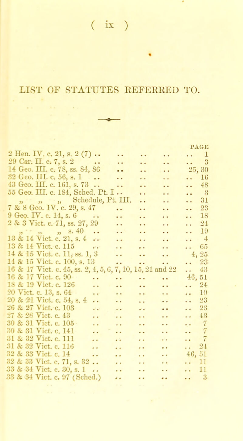 LIST OF STATUTES REFERRED TO. 2 Hen. lY. c. 21, s. 2 (7) .. 29 Car. II. c. 7, s. 2 14 Geo. III. c. 78, ss. 84, SG 32 Geo. III. c. 56, s. 1 43 Geo. m. c. 161, s. 73 .. 55 Geo. III. c. 184, Schcd. Pt. I .. „ „ „ Schedule, Pt. III. .. 7 & 8 Geo. IV. c. 29, s. 47 9 Geo. IV. c. 14, s. 6 2 & 3 Viet. c. 71, ss. 27, 29 „ s. 40 13 & 14 Viet. c. 21, s. 4 13 & 14 Viet. c. 115 14 & 15 Viet. c. 11, ss. 1, 3 14 & 15 Viet. c. 100, s. 13 16 & 17 Viet. c. 45, ss. 2, 4,5, G, 7,10,15,21 and 22 IG & 17 Viet. c. 90 18 & 19 Viet. c. 126 20 Viet. c. 1.3, s. 64 20 & 21 Viet. c. 54, s. 4 26 & 27 Viet. c. 103 27 & 28 Viet. c. 43 .30 & 31 Viet. c. 105 .30 & 31 Viet. c. 141 31 & 32 Viet. c. Ill 31 & .32 Viet. c. 116 32 & .33 Viet. c. 14 .32 & 3.3 Viet. e. 71, s. .32 3.3 & 34 Viet. c. .30, s. 1 3.3 & 3-1 Viet. c. 97 (Sched.) PAGE 1 o 25, 30 . 16 . 48 3 . 31 . 23 . 18 . 24 . 19 . 4 G5 4, 25 . 23 . 43 46, 51 . 24 . 10 . 23 . 23 . 43 . 24 46, 51 . 11 . II 3