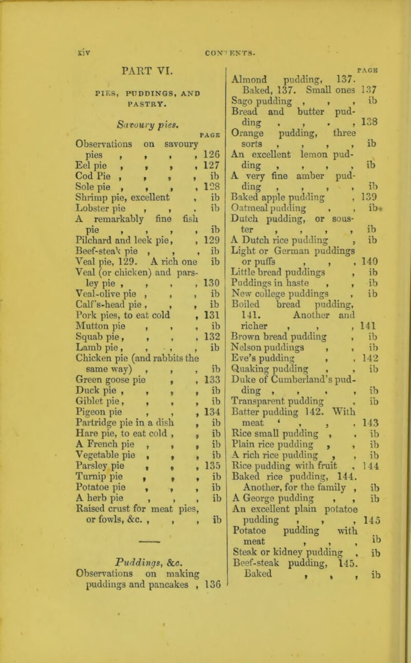 PART VI. PIES, PUDDINGS, AND PASTRY. Savoury pies. PAGE Observations on savoury pies , , , ,126 Eel pie , , , 9 127 Cod Pie , , , 9 ib Sole pie , , , » 128 Shrimp pie, excellent « ib Lobster pie , , , ib A remarkably fine pie , , , fish » ib Pilchard and leek pie, ♦ 129 Beef-steak pie , , 9 ib Veal pie, 129. A rich one ib Veal (or chicken) and ley pie , , p&rs- » 130 Veal-olive pie , , * ib Calf’s-head pie, , ? ib Pork pies, to eat cold * 131 Mutton pie , , « ib Squab pie, , , i 132 Lamb pie, , • , t ib Chicken pie (and rabbits the same way) , , , ib Green goose pie , » 133 Duck pie , , , t ib Giblet pie, , , f ib Pigeon pie , , 9 134 Partridge pie in a dish 9 ib Hare pie, to eat cold , 9 ib A French pie , , 9 ib Vegetable pie , , 9 ib Parsley pie , , 9 135 Turnip pie , , 9 ib Potatoe pie , , 9 ib A herb pie , , 9 ib Raised crust for meat or fowls, &c. , , pies, 9 ib Puddings, Sue. Observations on making puddings and pancakes , 136 PACK Almond pudding, 137. Baked, 137. Small ones 137 Sago pudding , , , ib Bread and butter pud- ding , , . , 138 Orange pudding, three sorts , , , , ib An excellent lemon pud- ding , , , , ib A very fine amber pud- ding , , , , ib Baked apple pudding , 139 Oatmeal pudding , , ib« Dutch pudding, or sous- ter , , , , ib A Dutch rice pudding , ib Light or German puddings or puffs , , ,149 Little bread puddings , ib Puddings in haste , , ib New college puddings , ib Boiled bread pudding, 141. Another and richer , , , 141 Brown bread pudding , ib Nelson puddings , , ib Eve’s pudding , ,142 Quaking pudding , , ib Duke of Cumberland’s pud- ding , , . , ib Transparent pudding , ib Batter pudding 142. With meat ‘ , , 143 Rice small pudding , , ib Plain rice pudding , , ib A rich rice pudding , , ib Rice pudding with fruit , 144 Baked rice pudding, 144. Another, for the family , ib A George pudding , , ib An excellent plain potatoe pudding , , ,145 Potatoe pudding with meat , , , ib Steak or kidney pudding , ib Beef-steak pudding, 145. Baked , , , ib