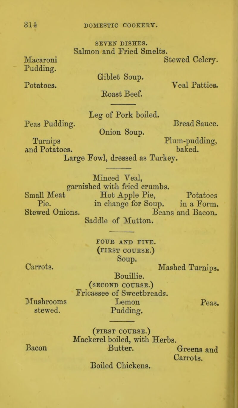 SEVEN DISHES. Salmon and Fried Smelts. Macaroni Stewed Celery. Pudding. Gablet Soup. Potatoes. Veal Patties. Eoast Beef. Leg of Pork boiled. Peas Pudding. Bread Sauce. Onion Soup. Turnips Plum-pudding, and Potatoes. baked. Large Fowl, dressed as Turkey. Minced Veal, garnished with fried crumbs. Small Meat Hot Apple Pie, Potatoes Pie. in change for Soup. in a Form. Stewed Onions. Beans and Bacon. Saddle of Mutton. FOUR AND FIVE. (FIRST COURSE.) Soup. Carrots. Mashed Turnips. Bouillie. (second course.) Fricassee of Sweetbreads. Mushrooms Lemon Peas, stewed. Pudding. (first course.) Mackerel boiled, with Herbs. Bacon Butter. G-reens and Carrots.