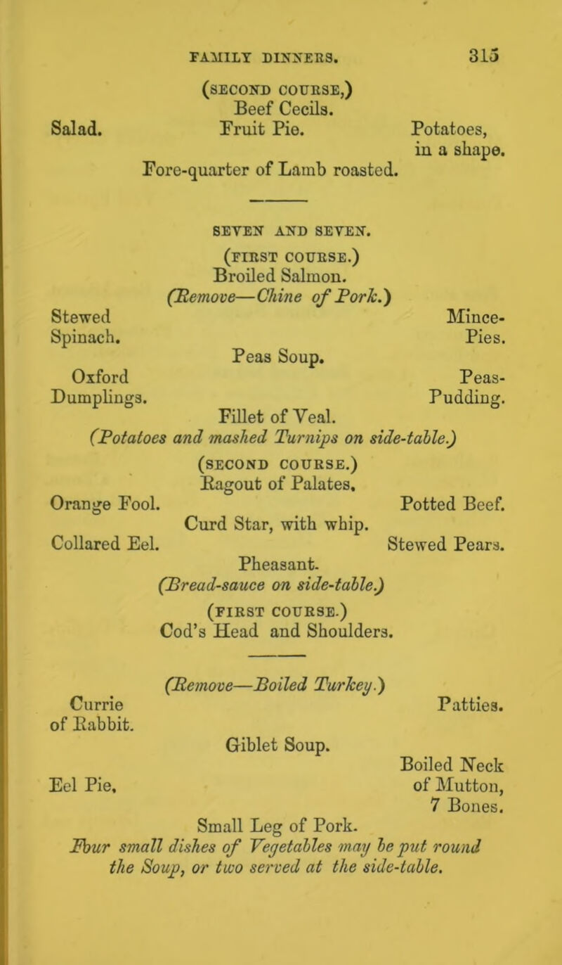 (SECOND COURSE,) Beef Cecils. Salad. Bruit Pie. Potatoes, in a shape. Fore-quarter of Lamb roasted. SEVEN AND SEVEN. Stewed Spinach. Oxford Dumplings. (Potatoes Orange Fool. Collared Eel. (fibst couese.) Broiled Salmon. (Remove—Chine of Pork.) Mince- Pies. Peas Soup. Peas- Pudding. Fillet of Yeal. and mashed Turnips on side-table.) (second course.) Ragout of Palates. Potted Beef. Curd Star, with whip. Stewed Pears. Pheasant. (Bread-sauce on side-table.) (first course.) Cod’s Head and Shoulders. (Remove—Boiled Turkey.) Currie Patties, of Rabbit. Giblet Soup. Boiled Heck Eel Pie, of Mutton, 7 Bones. Small Leg of Pork. Four small dishes of Vegetables may be put round the Soup, or two served at the side-table.