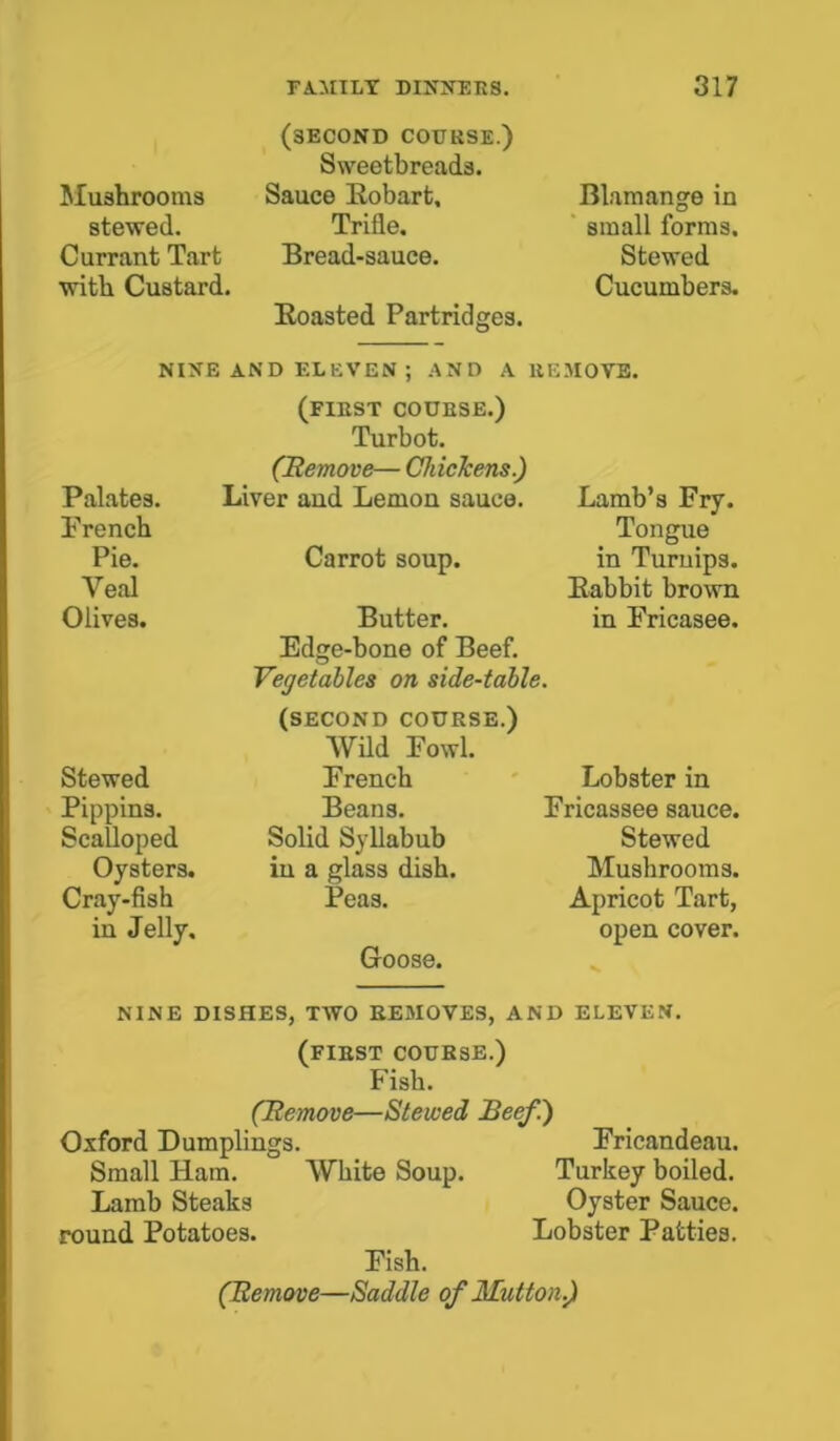 Mushrooms stewed. Currant Tart with Custard. (3ECOND COURSE.) Sweetbreads. Sauce Eobart, Trifle. Bread-sauce. Eoasted Partridges. Blamange in small forms. Stewed Cucumbers. Palates. Trench Pie. Yeal Olives. NINE AND ELEVEN; AND A REMOVE. (FIRST COURSE.) Turbot. (Remove— Chickens.) Liver and Lemon sauce. Stewed Pippins. Scalloped Oysters. Cray-fish in Jelly. Carrot soup. Butter. Edge-bone of Beef. Vegetables on side-table. (SECOND COURSE.) Wild Fowl. French Beans. Solid Syllabub in a glass dish. Peas. Lamb’s Fry. Tongue in Turnips. Babbit brown in Fricasee. Goose. Lobster in Fricassee sauce. Stewed Mushrooms. Apricot Tart, open cover. NINE DISHES, TWO REMOVES, AND ELEVEN. (FIRST COURSE.) Fish. (Remove—Stewed Beef) Oxford Dumplings. Fricandeau. Small Ham. White Soup. Turkey boiled. Lamb Steaks Oyster Sauce, round Potatoes. Lobster Patties. Fish. (Remove—Saddle of Mutton.)